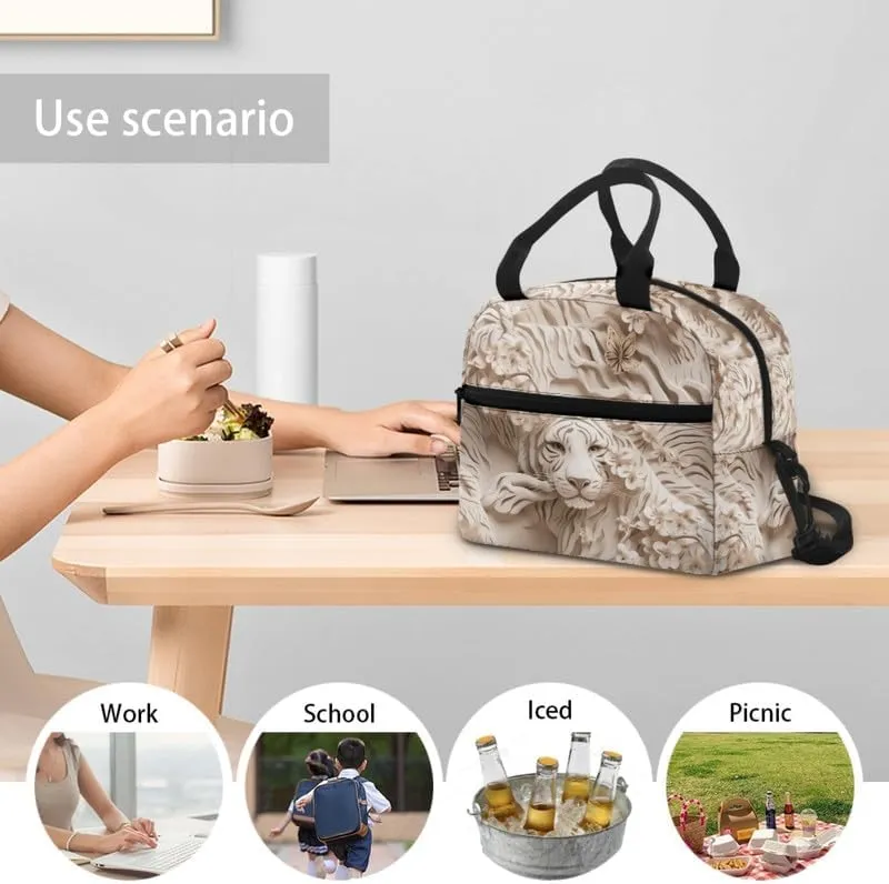 Paper Sculpture Tiger Lunch Box Men Women 6L Floral Paper Carving Tigers Insulated Lunch Bag Women Shoulder Belt Lunch Cooler Bag Leakproof Tote Bag Work Travel