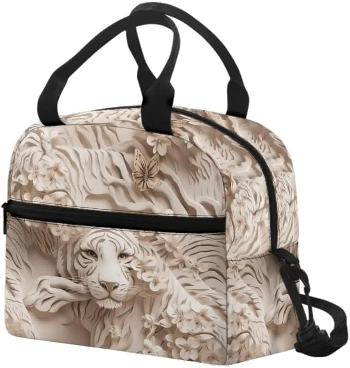 Paper Sculpture Tiger Lunch Box Men Women 6L Floral Paper Carving Tigers Insulated Lunch Bag Women Shoulder Belt Lunch Cooler Bag Leakproof Tote Bag Work Travel