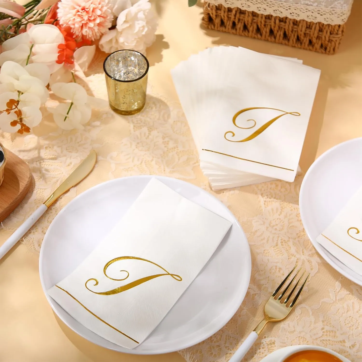 Pasimy 100 Pcs Initial Napkins Monogram Guest Napkins Gold Letter Paper Towels Disposable Elegant Dinner Towels for Wedding Bridal Shower Holiday Birthday Party Tableware Decor(T Letter)