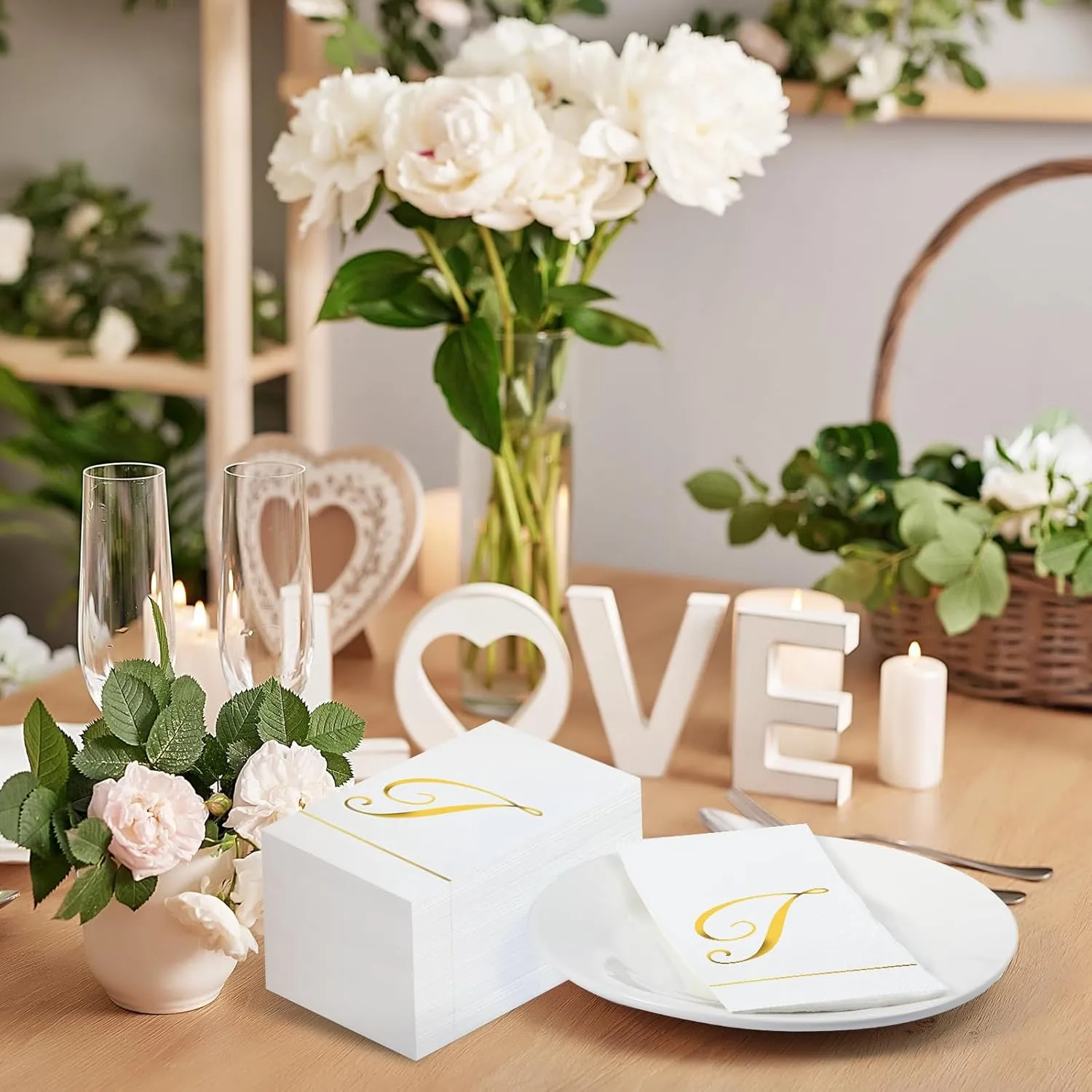 Pasimy 100 Pcs Initial Napkins Monogram Guest Napkins Gold Letter Paper Towels Disposable Elegant Dinner Towels for Wedding Bridal Shower Holiday Birthday Party Tableware Decor(T Letter)