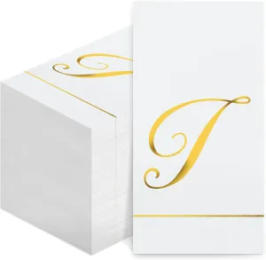 Pasimy 100 Pcs Initial Napkins Monogram Guest Napkins Gold Letter Paper Towels Disposable Elegant Dinner Towels for Wedding Bridal Shower Holiday Birthday Party Tableware Decor(T Letter)