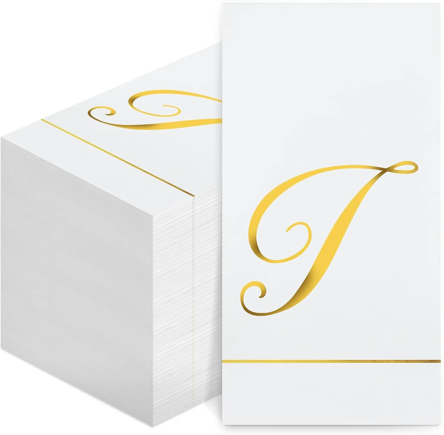 Pasimy 100 Pcs Initial Napkins Monogram Guest Napkins Gold Letter Paper Towels Disposable Elegant Dinner Towels for Wedding Bridal Shower Holiday Birthday Party Tableware Decor(T Letter)