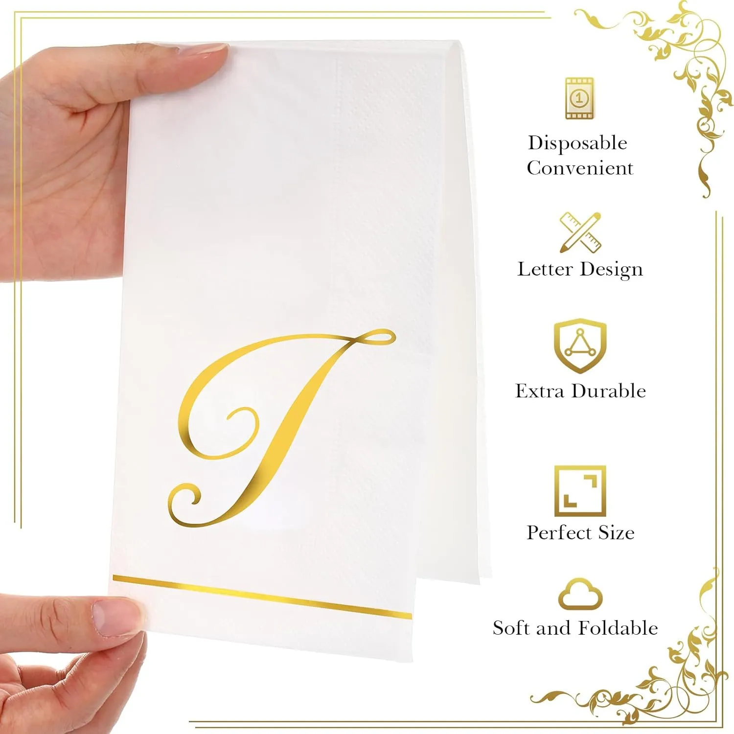 Pasimy 100 Pcs Initial Napkins Monogram Guest Napkins Gold Letter Paper Towels Disposable Elegant Dinner Towels for Wedding Bridal Shower Holiday Birthday Party Tableware Decor(T Letter)