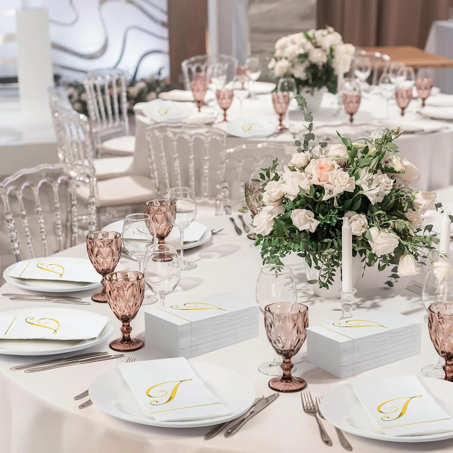 Pasimy 100 Pcs Initial Napkins Monogram Guest Napkins Gold Letter Paper Towels Disposable Elegant Dinner Towels for Wedding Bridal Shower Holiday Birthday Party Tableware Decor(T Letter)