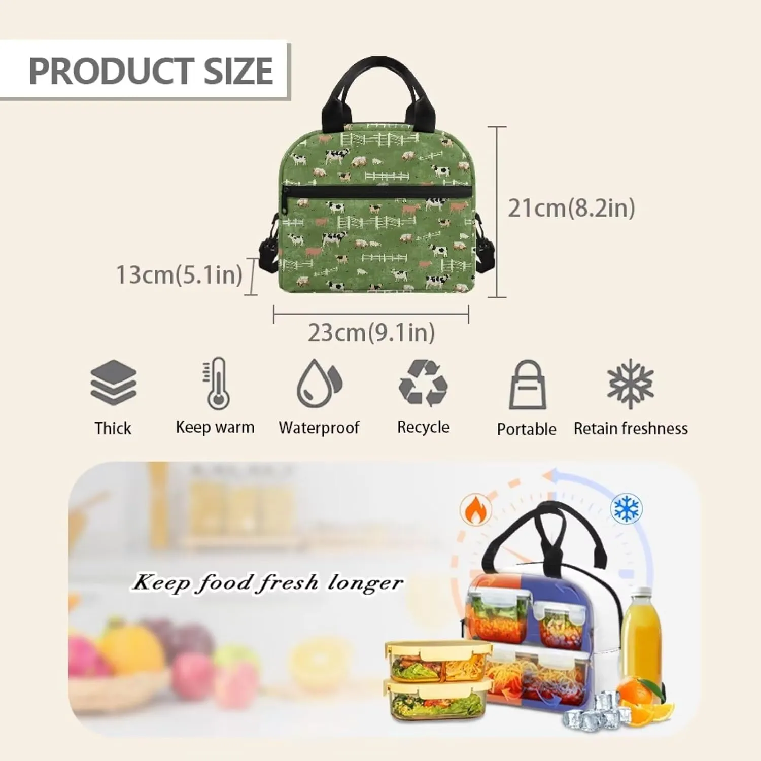 Pasture Lunch Bag Tote Bag Lunch Organizer Lunch Holder Compartment Insulated Lunch Cooler Bag for Women Girls Boys Men