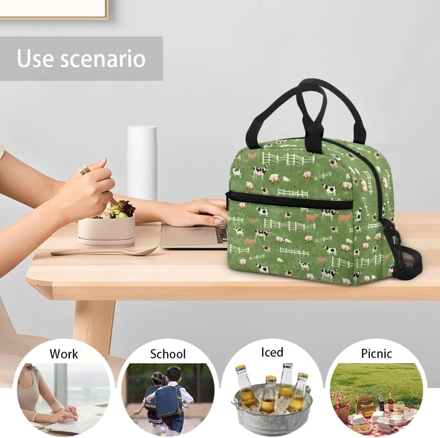 Pasture Lunch Bag Tote Bag Lunch Organizer Lunch Holder Compartment Insulated Lunch Cooler Bag for Women Girls Boys Men