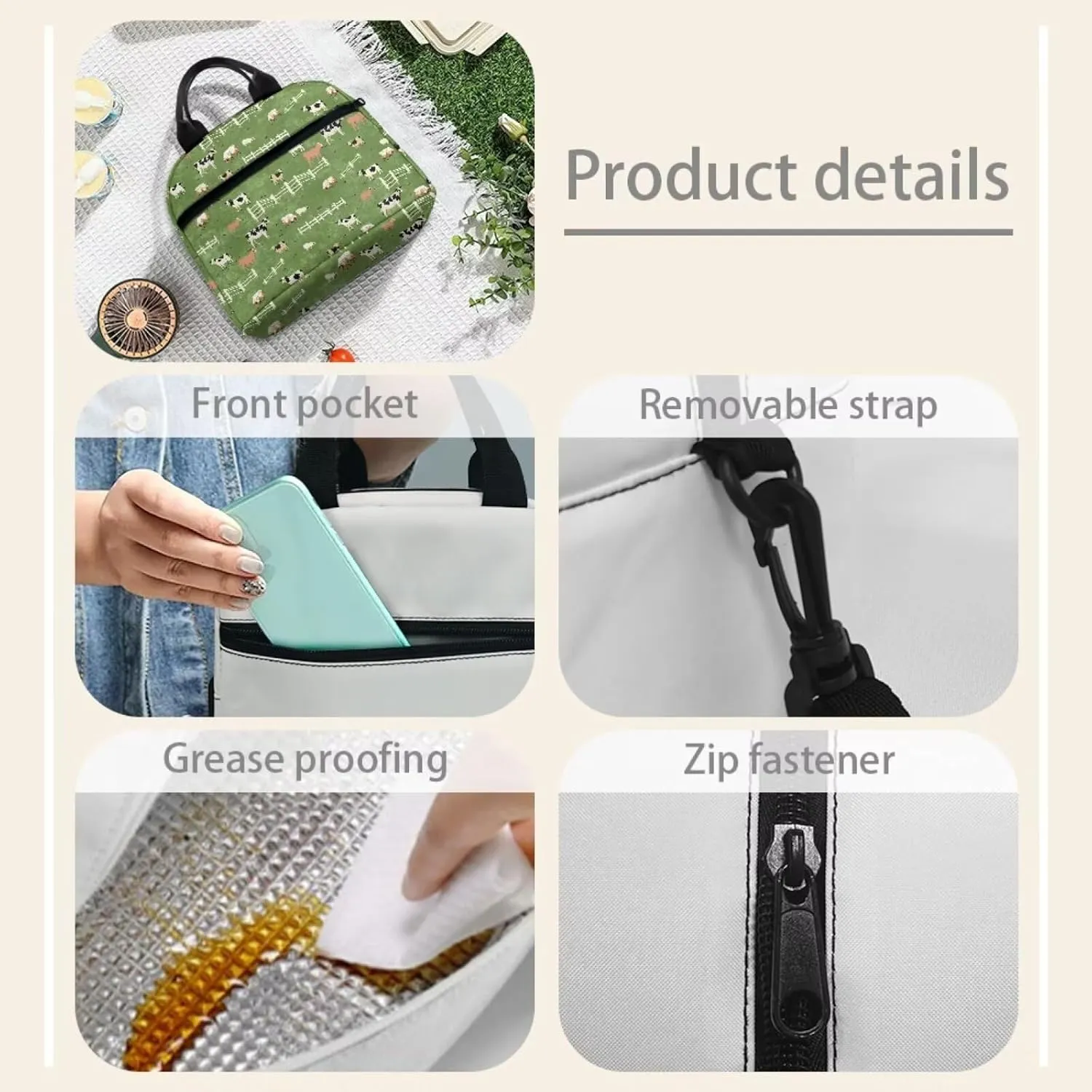 Pasture Lunch Bag Tote Bag Lunch Organizer Lunch Holder Compartment Insulated Lunch Cooler Bag for Women Girls Boys Men