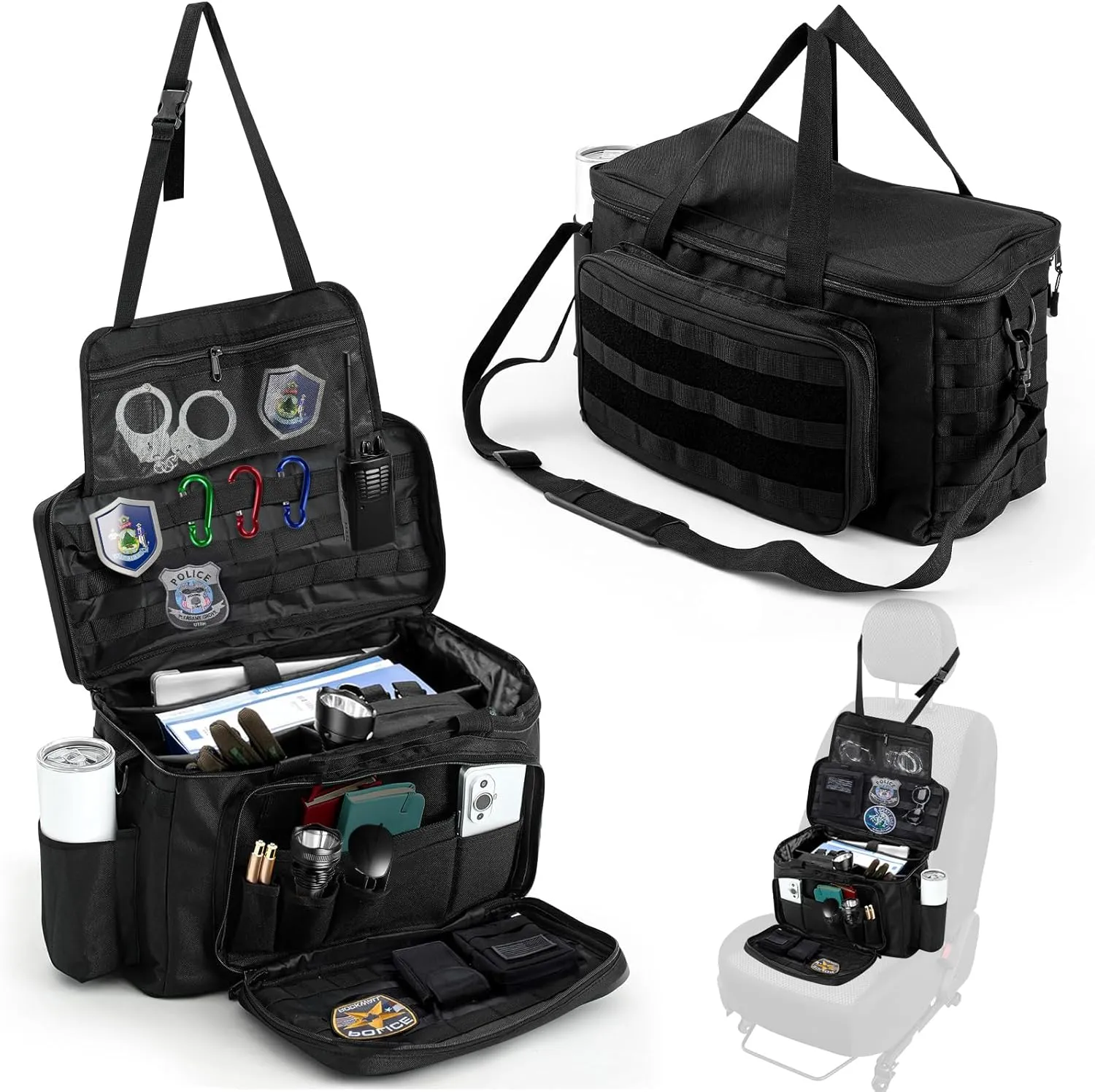 Patrol Bag organizer for Car Front Seat Law Enforcement Police Gear Organizer with Cup Holders Police Officer Duty Bag with Multiple Storage Space, Black