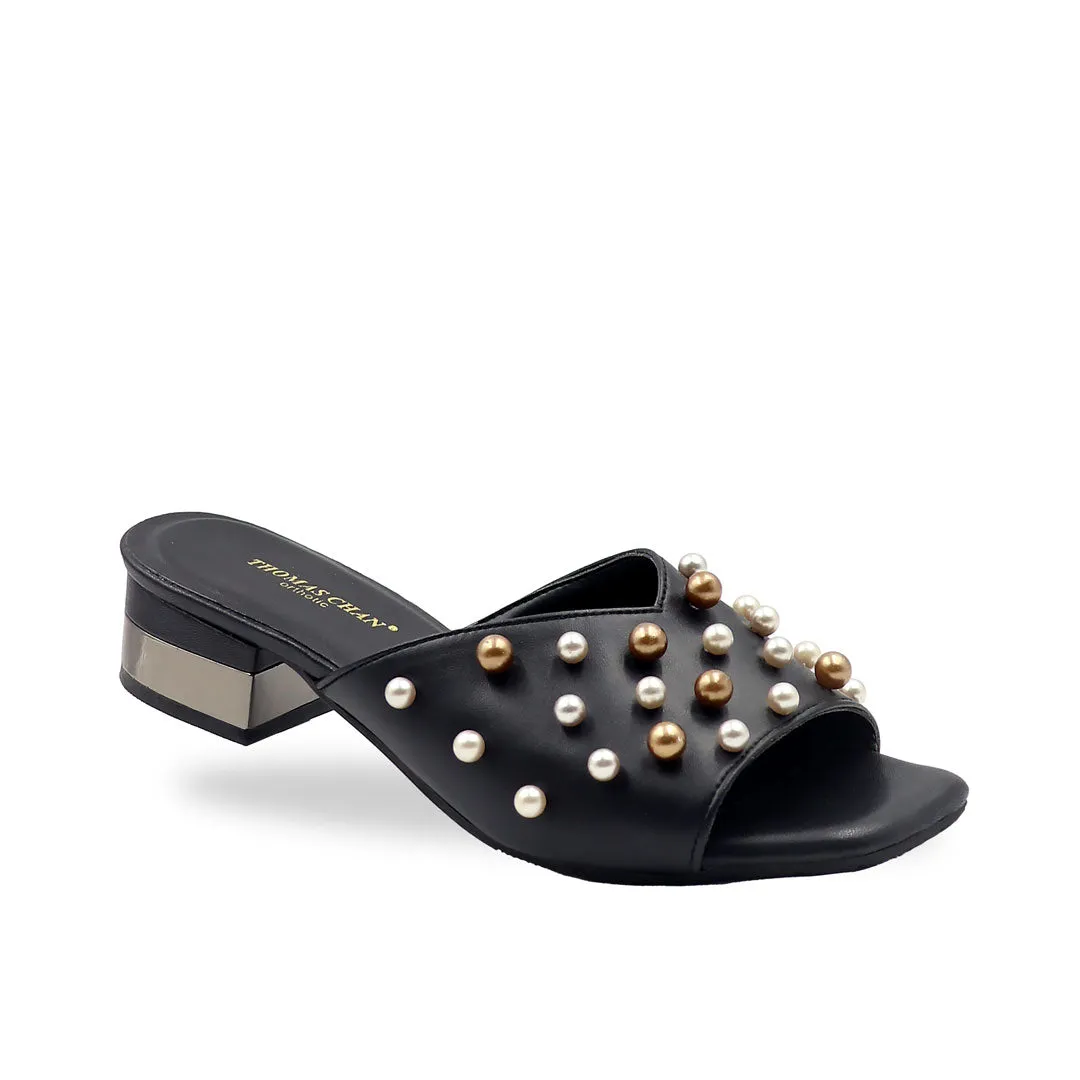 Pearly Pearl Low Heeled Sandals 1.25" inch [Dinner Series][Black/Pink][ODD SIZES LEFT]