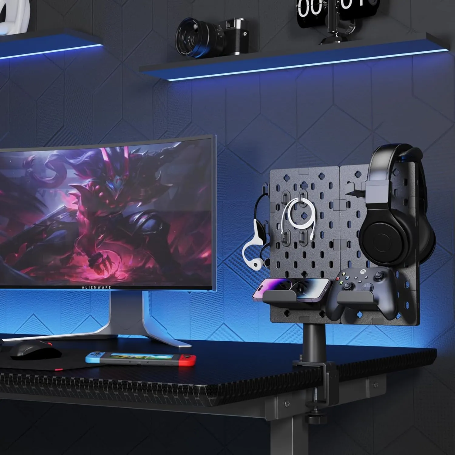 PEGZONE Headphone and Controller Holder, Rotating Gaming Accessories Organizer for Xbox PS5 PS4 Nintendo Switch, Modular Desk Controller Stand with Cable Hooks, 2Pcs Pegboard, Black