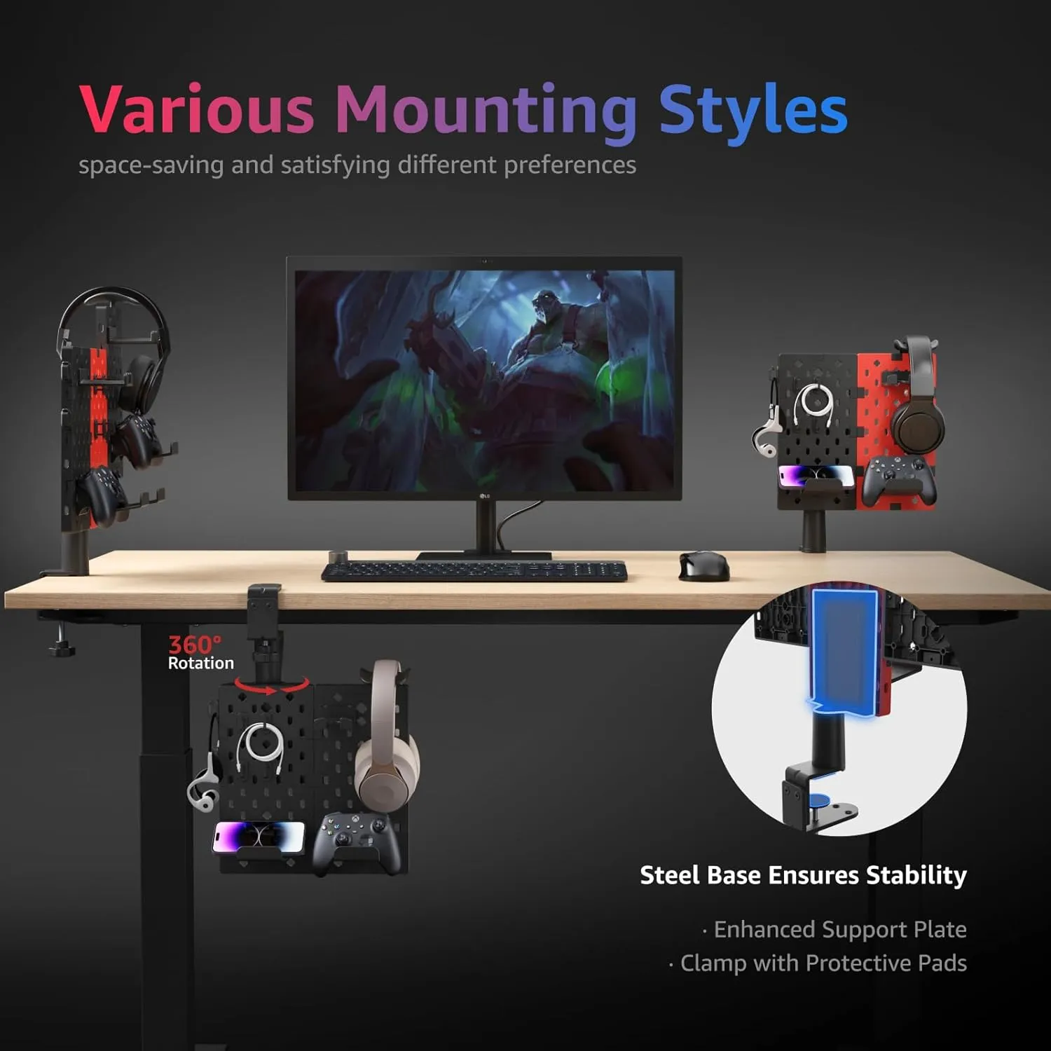 PEGZONE Headphone and Controller Holder, Rotating Gaming Accessories Organizer for Xbox PS5 PS4 Nintendo Switch, Modular Desk Controller Stand with Cable Hooks, 2Pcs Pegboard, Black
