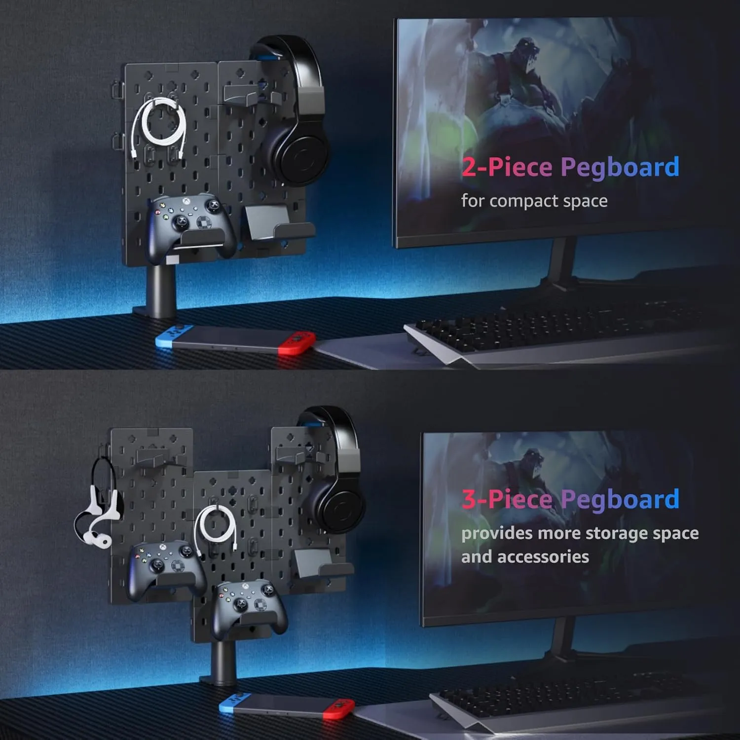 PEGZONE Headphone and Controller Holder, Rotating Gaming Accessories Organizer for Xbox PS5 PS4 Nintendo Switch, Modular Desk Controller Stand with Cable Hooks, 2Pcs Pegboard, Black