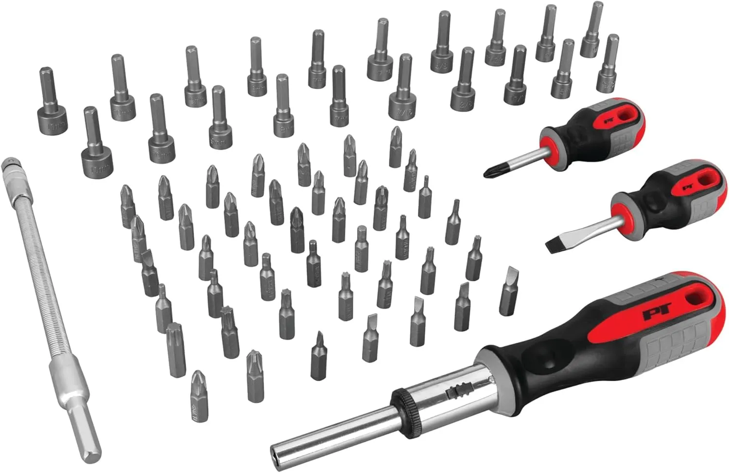 Performance Tool W1784 66-Piece Screwdriver and Bit Set, Full Set, Holders and Organizers Included, Reversible Driver, Flex Extension, Phillips, Slotted, Pozi, Square, Hex, Star, SAE/MET Nut Drivers