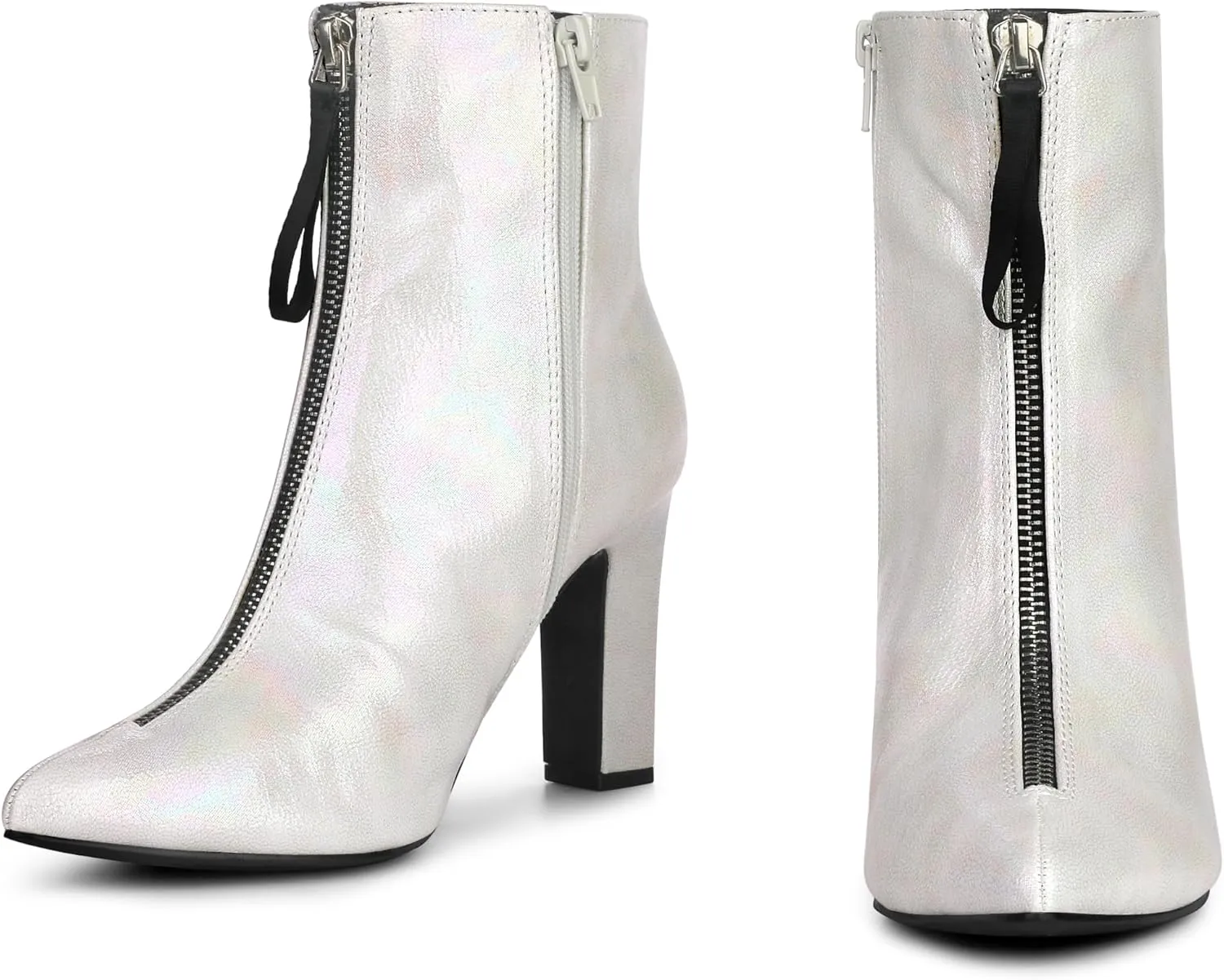 Perphy Rave Holographic Pointed Toe Chunky Heel Zipper Ankle Boots for Women