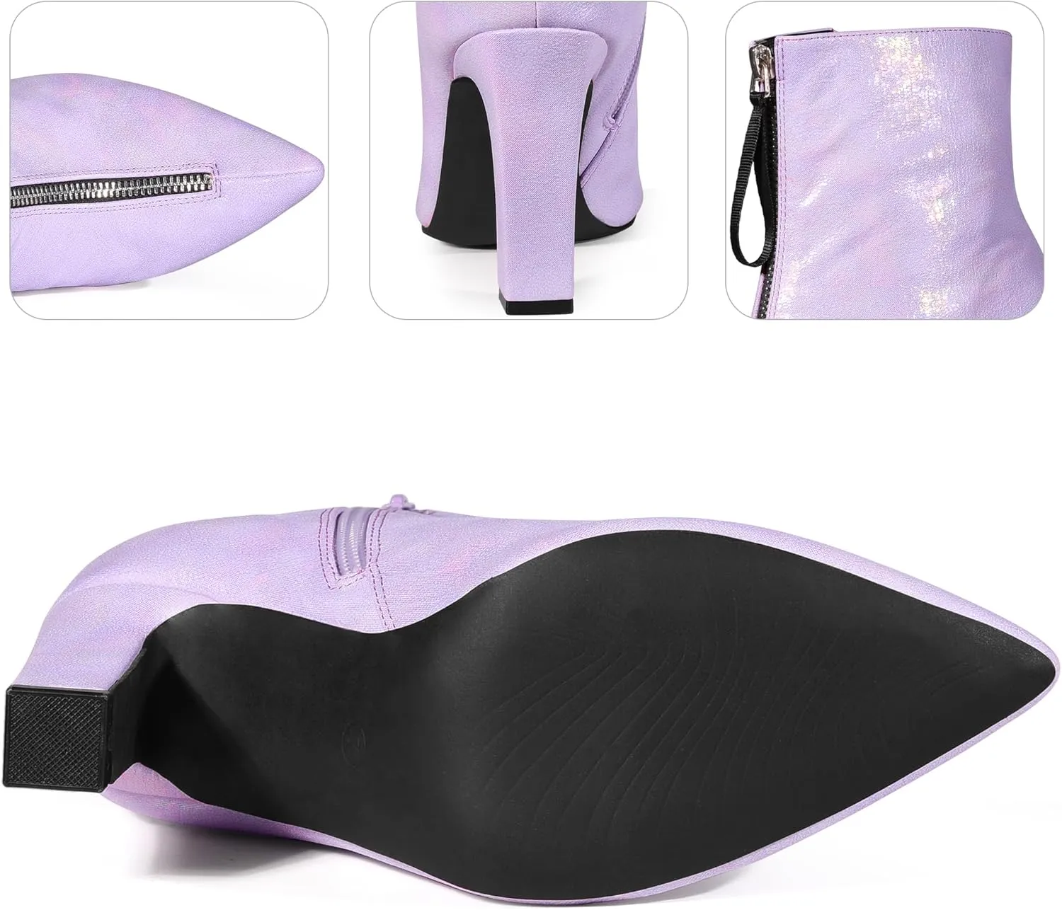 Perphy Rave Holographic Pointed Toe Chunky Heel Zipper Ankle Boots for Women
