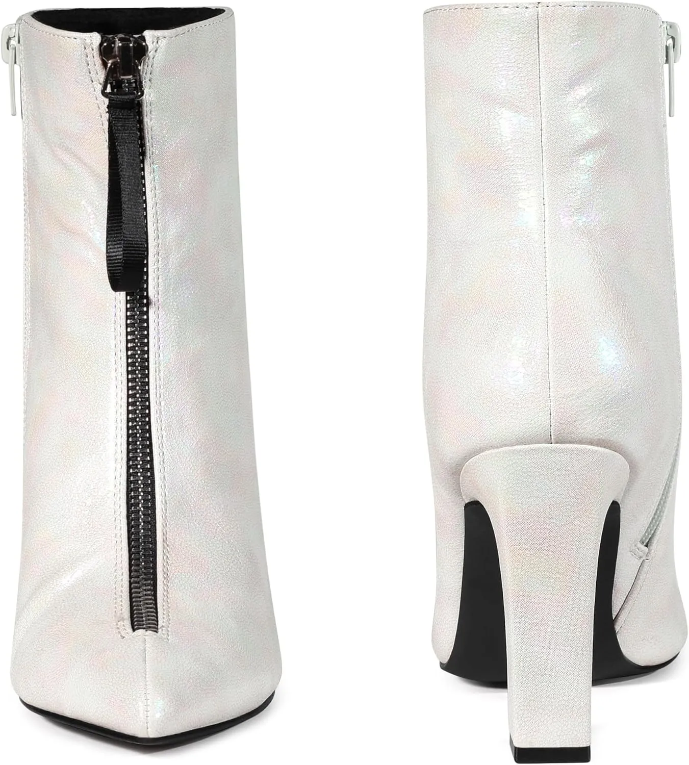 Perphy Rave Holographic Pointed Toe Chunky Heel Zipper Ankle Boots for Women