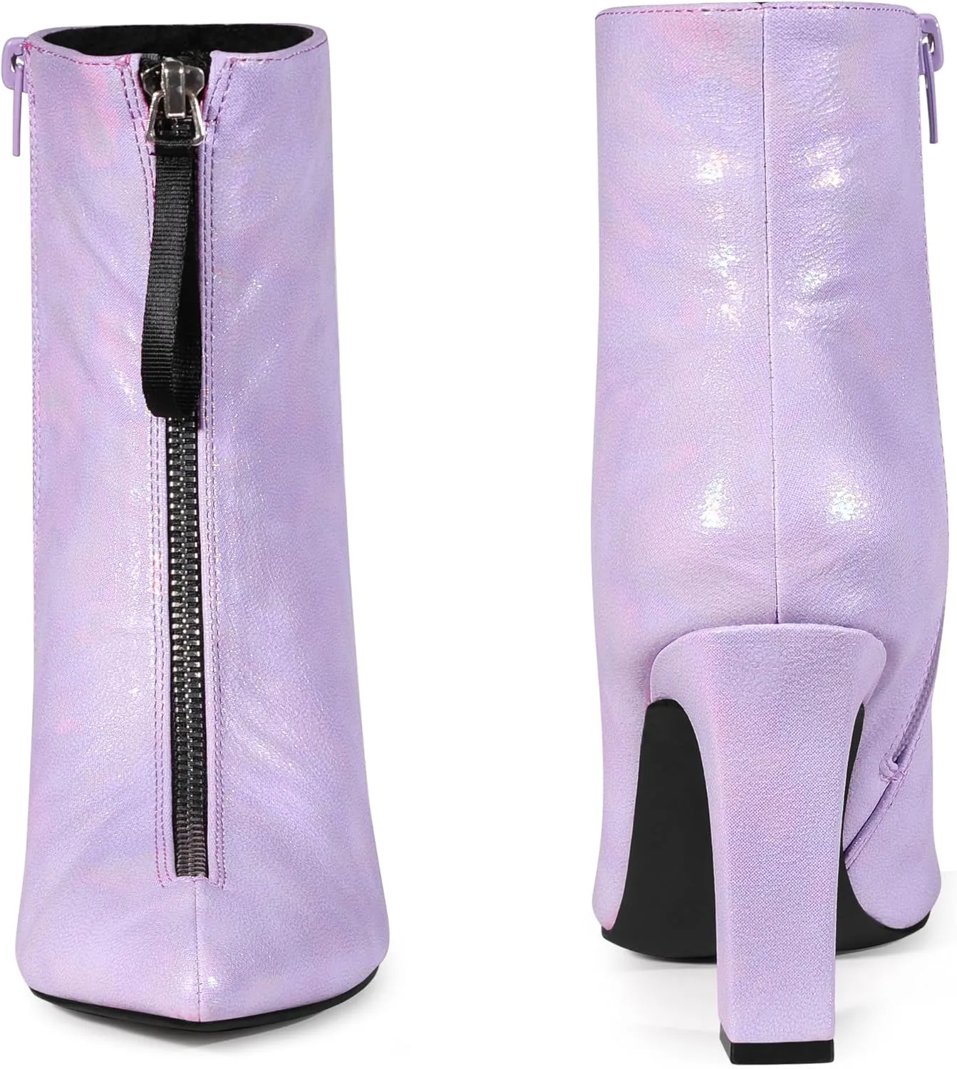 Perphy Rave Holographic Pointed Toe Chunky Heel Zipper Ankle Boots for Women