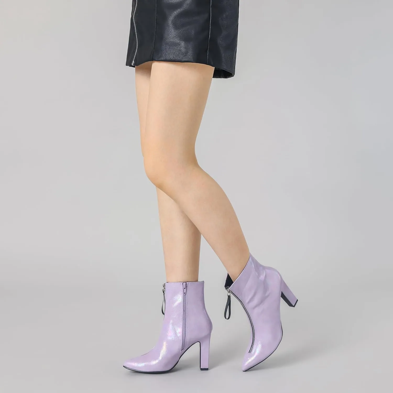 Perphy Rave Holographic Pointed Toe Chunky Heel Zipper Ankle Boots for Women