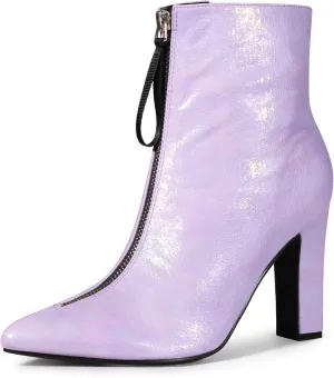 Perphy Rave Holographic Pointed Toe Chunky Heel Zipper Ankle Boots for Women