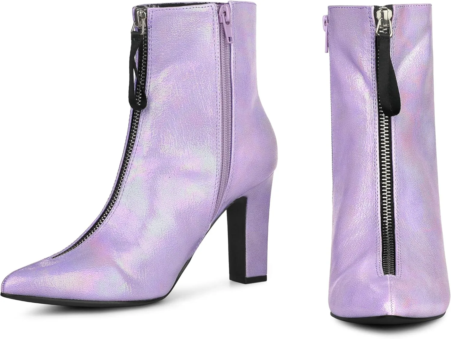 Perphy Rave Holographic Pointed Toe Chunky Heel Zipper Ankle Boots for Women