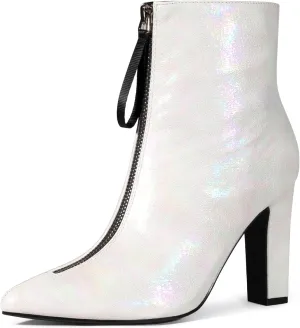 Perphy Rave Holographic Pointed Toe Chunky Heel Zipper Ankle Boots for Women