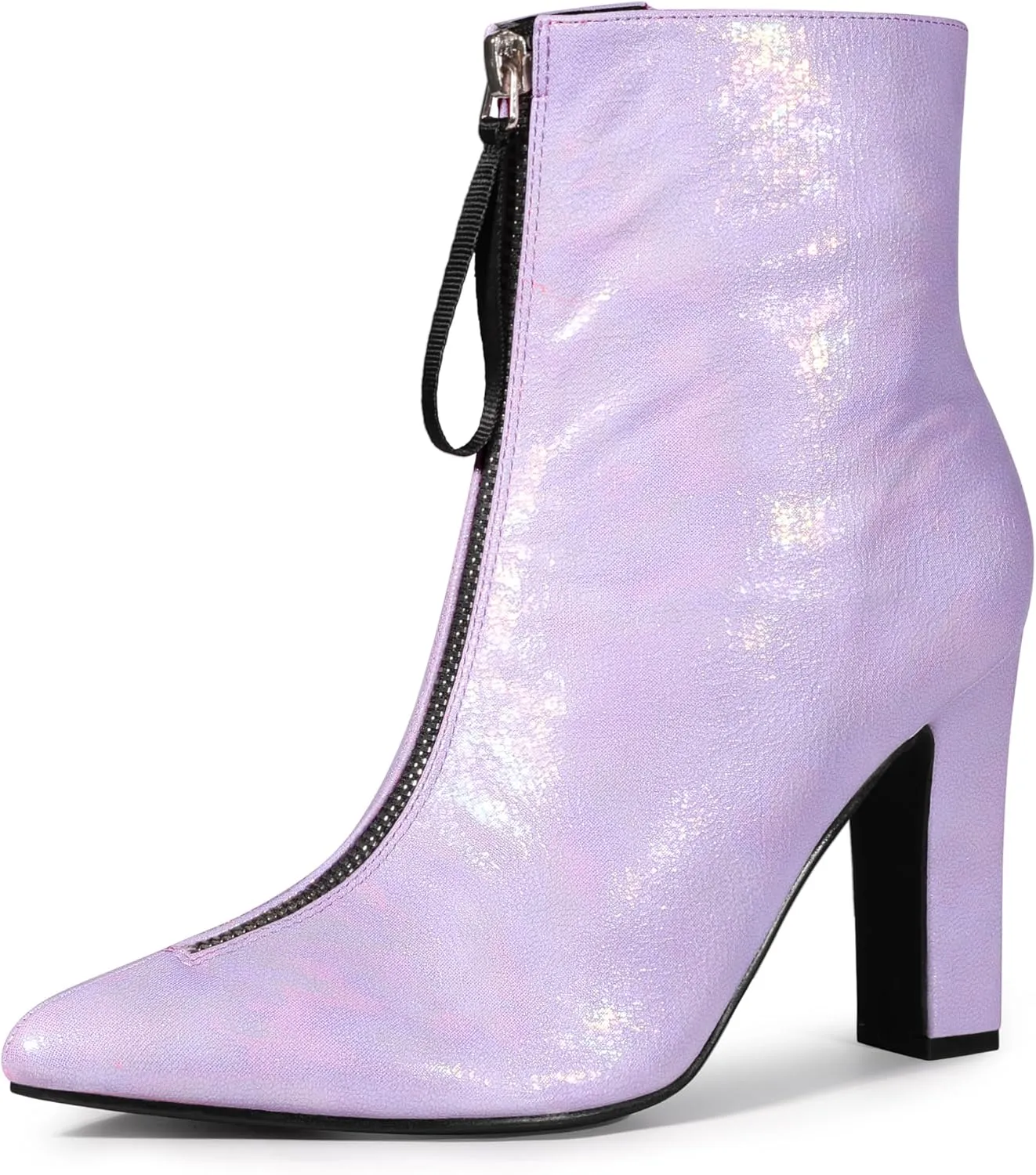 Perphy Rave Holographic Pointed Toe Chunky Heel Zipper Ankle Boots for Women
