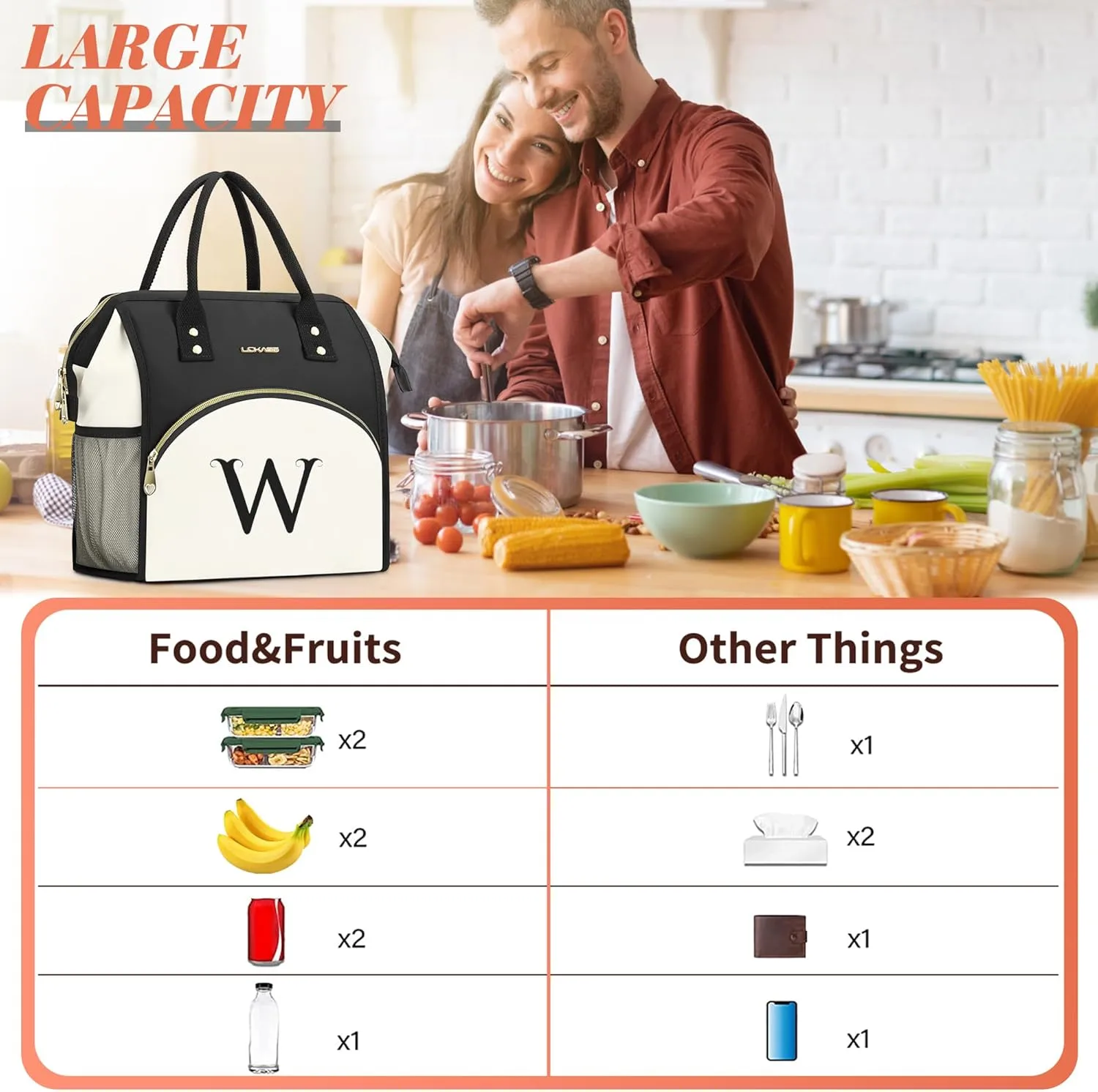 Personalized Lunch Bag for Women, Preppy Reusable Insulated Initials Lunch Box Gift for Friend Large Wide-Open Water Resistant Adult Cooler Tote Bag for Work, Travel, Picnic - Black E