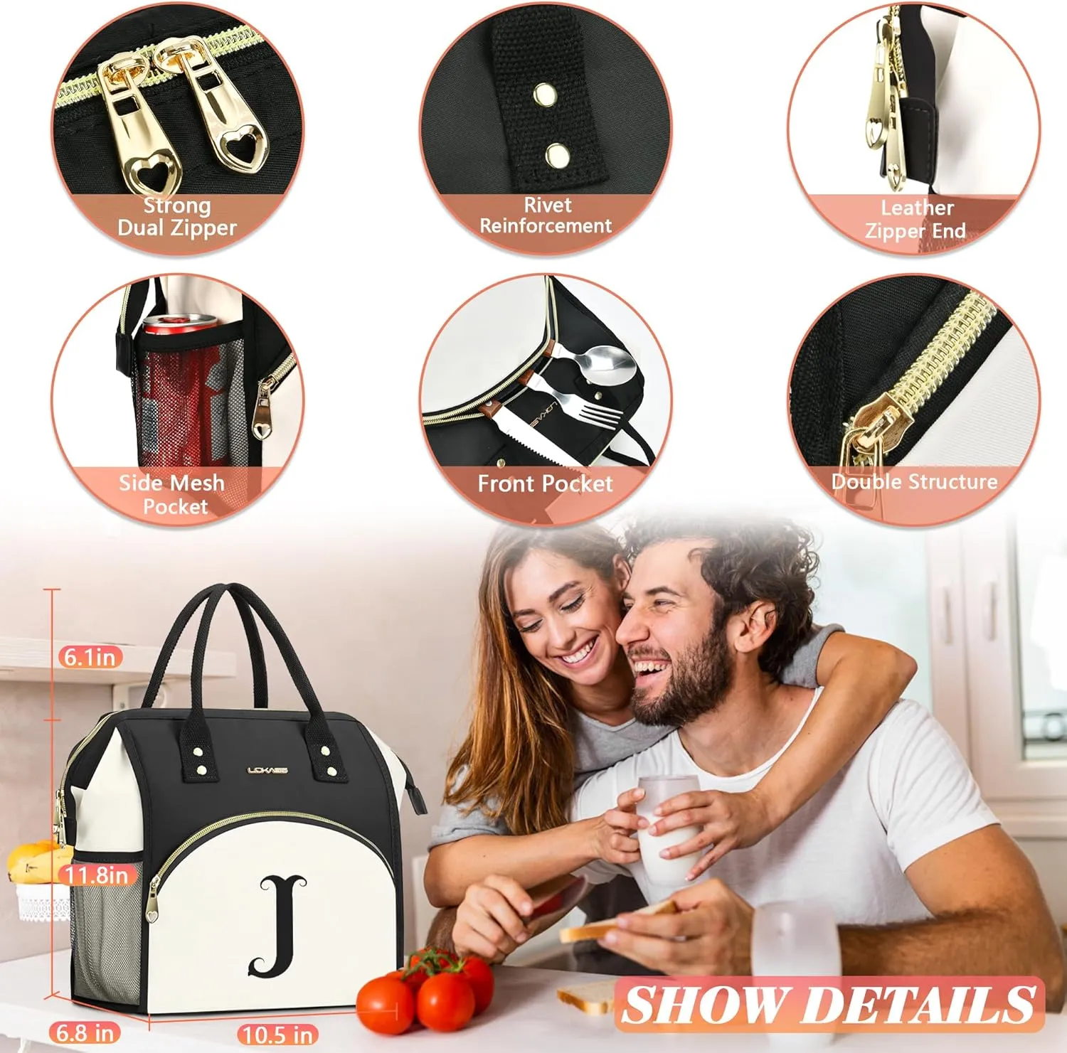 Personalized Lunch Bag for Women, Preppy Reusable Insulated Initials Lunch Box Gift for Friend Large Wide-Open Water Resistant Adult Cooler Tote Bag for Work, Travel, Picnic - Black E