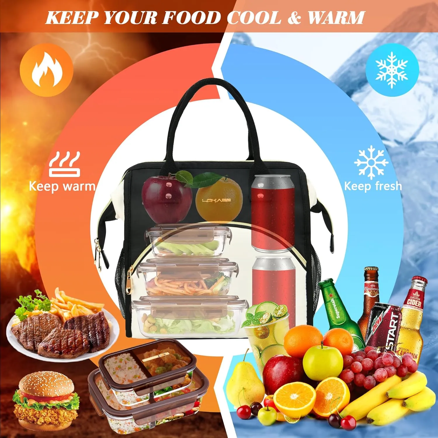 Personalized Lunch Bag for Women, Preppy Reusable Insulated Initials Lunch Box Gift for Friend Large Wide-Open Water Resistant Adult Cooler Tote Bag for Work, Travel, Picnic - Black E
