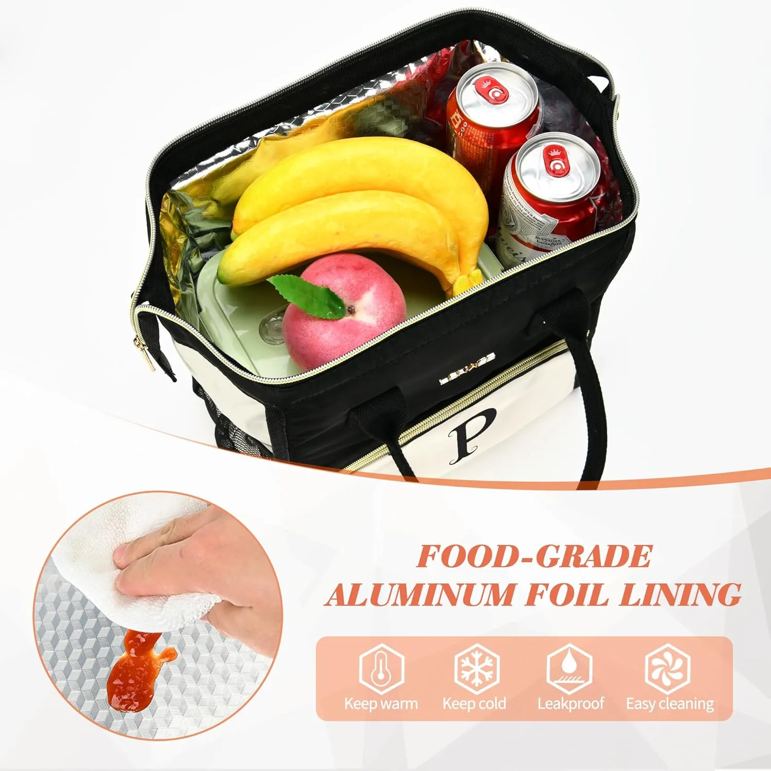 Personalized Lunch Bag for Women, Preppy Reusable Insulated Initials Lunch Box Gift for Friend Large Wide-Open Water Resistant Adult Cooler Tote Bag for Work, Travel, Picnic - Black E