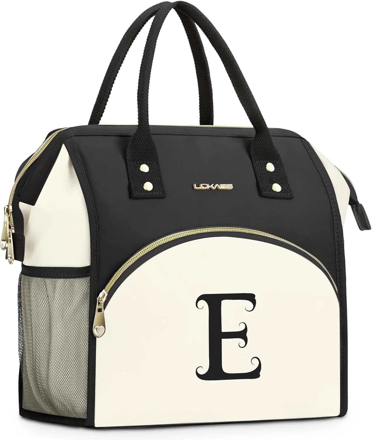 Personalized Lunch Bag for Women, Preppy Reusable Insulated Initials Lunch Box Gift for Friend Large Wide-Open Water Resistant Adult Cooler Tote Bag for Work, Travel, Picnic - Black E
