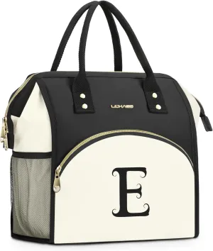 Personalized Lunch Bag for Women, Preppy Reusable Insulated Initials Lunch Box Gift for Friend Large Wide-Open Water Resistant Adult Cooler Tote Bag for Work, Travel, Picnic - Black E