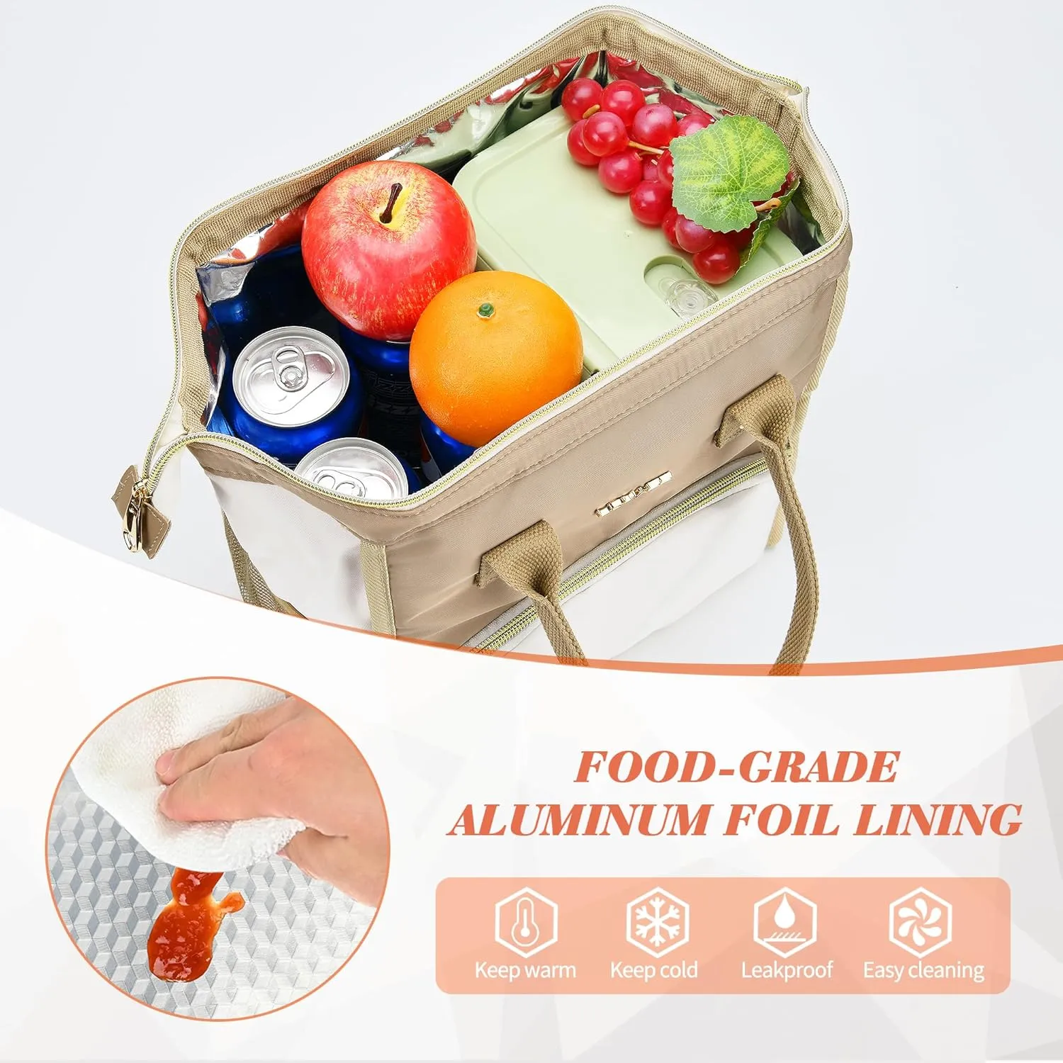 Personalized Lunch Bag for Women, Reusable Insulated Lunch Box Gift for Friend Large Wide-Open Water Resistant Adult Cooler Tote Bag for Work, Travel, Picnic - Brown