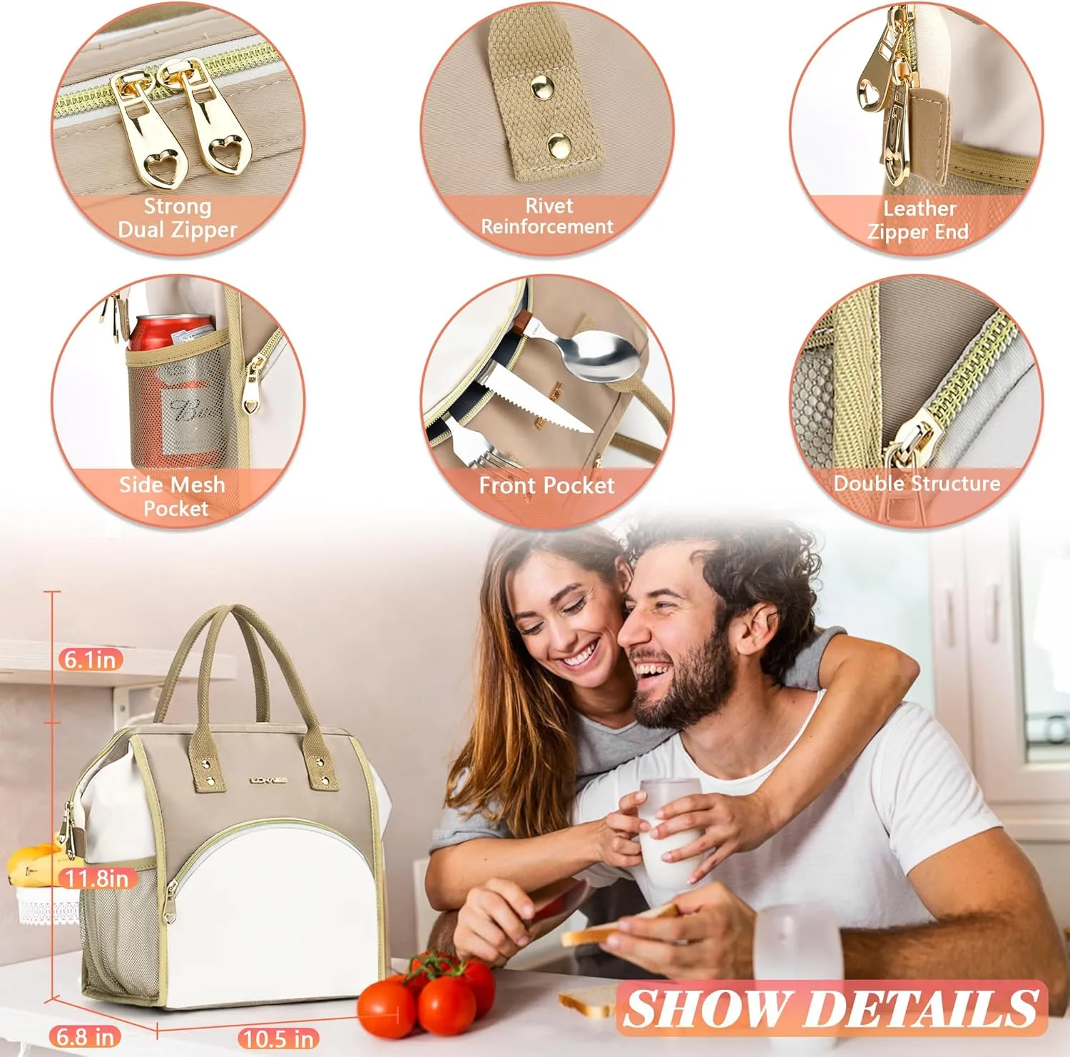 Personalized Lunch Bag for Women, Reusable Insulated Lunch Box Gift for Friend Large Wide-Open Water Resistant Adult Cooler Tote Bag for Work, Travel, Picnic - Brown
