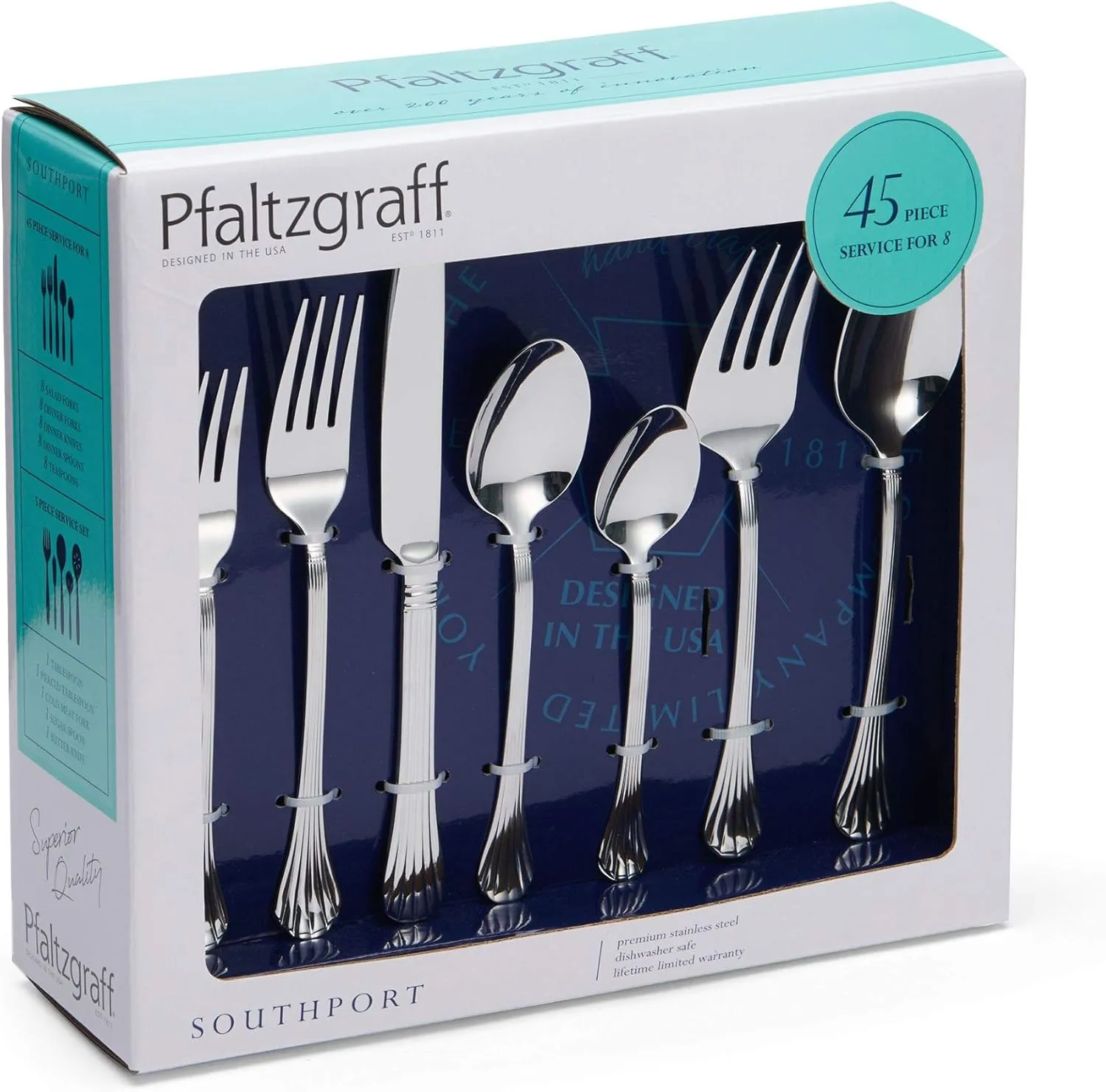 Pfaltzgraff Southport Flatware, 45 Piece Set, Silver