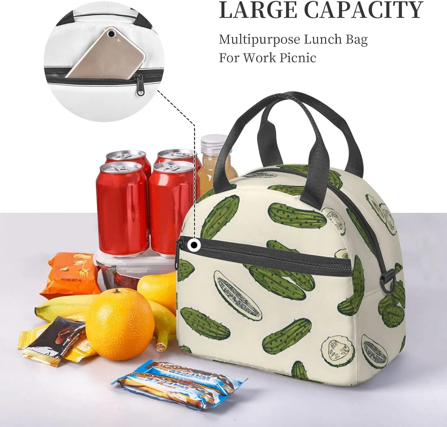 Pickle Cucumber Lunch Bag Hand Tote Crossbody Insulated Lunch Bag Large Portable Lunch Box