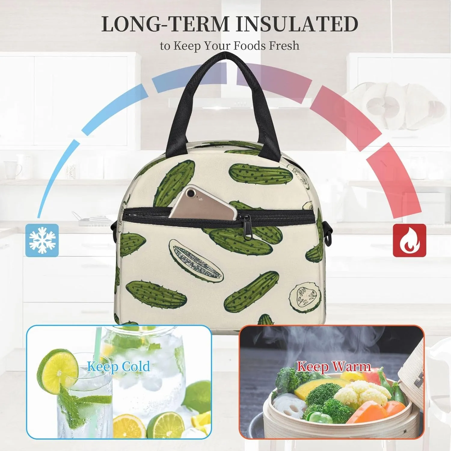 Pickle Cucumber Lunch Bag Hand Tote Crossbody Insulated Lunch Bag Large Portable Lunch Box