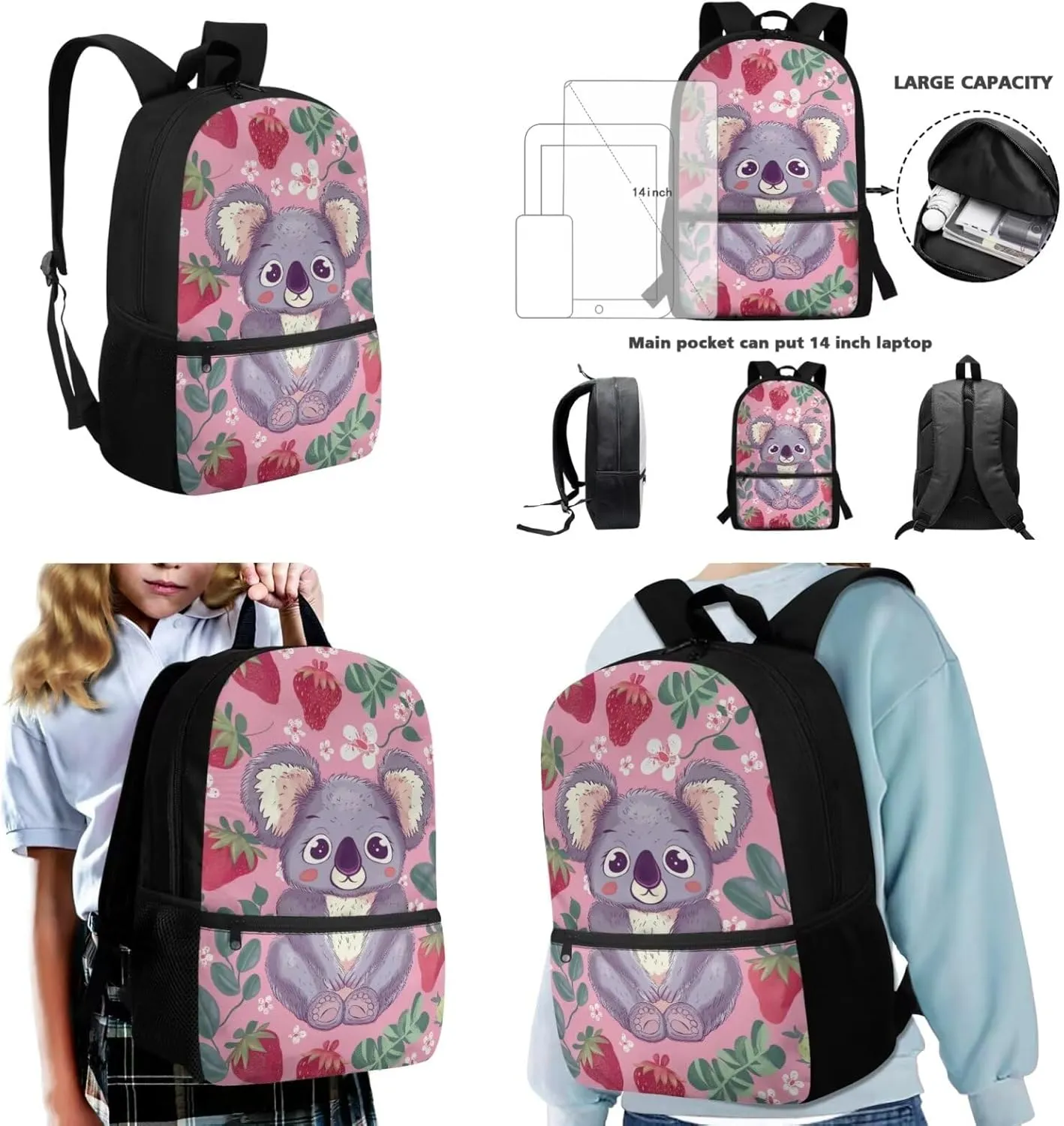 Pink Koala Backpack for Girls 4-6 Lightweight Preschool Elementary School Bag Set with Lunch Box 17 Inch Toddler Bookbag for School Kids Girls 5-7 Large Capacity Handbag Walking
