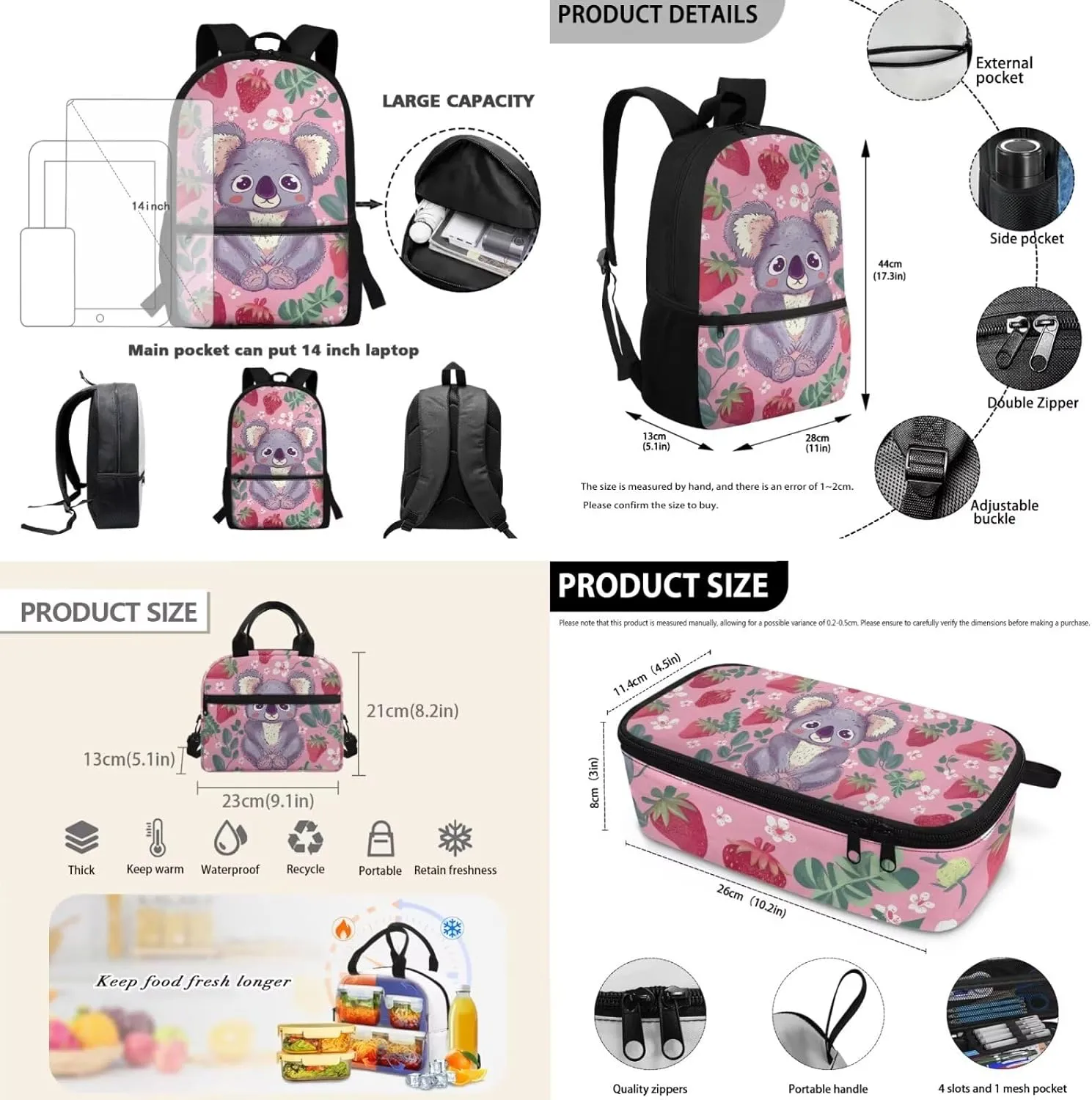 Pink Koala Backpack for Girls 4-6 Lightweight Preschool Elementary School Bag Set with Lunch Box 17 Inch Toddler Bookbag for School Kids Girls 5-7 Large Capacity Handbag Walking