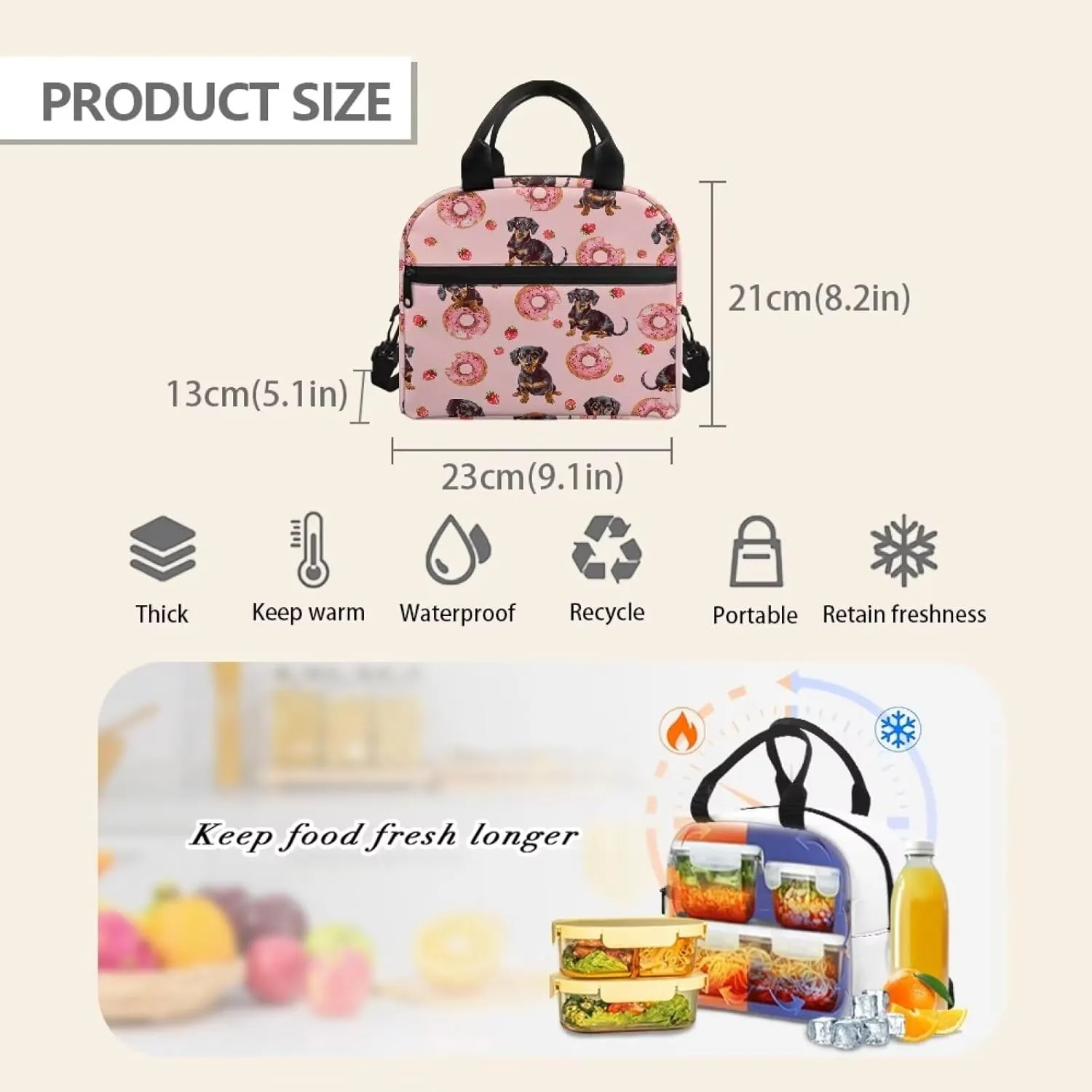 Pink Lunchbag Insulated Lunch Box Tote Bag Cute Donut Dachshund Dog Lunchbag Thermal Leak Proof Lunch Box Bag for Kids Girls