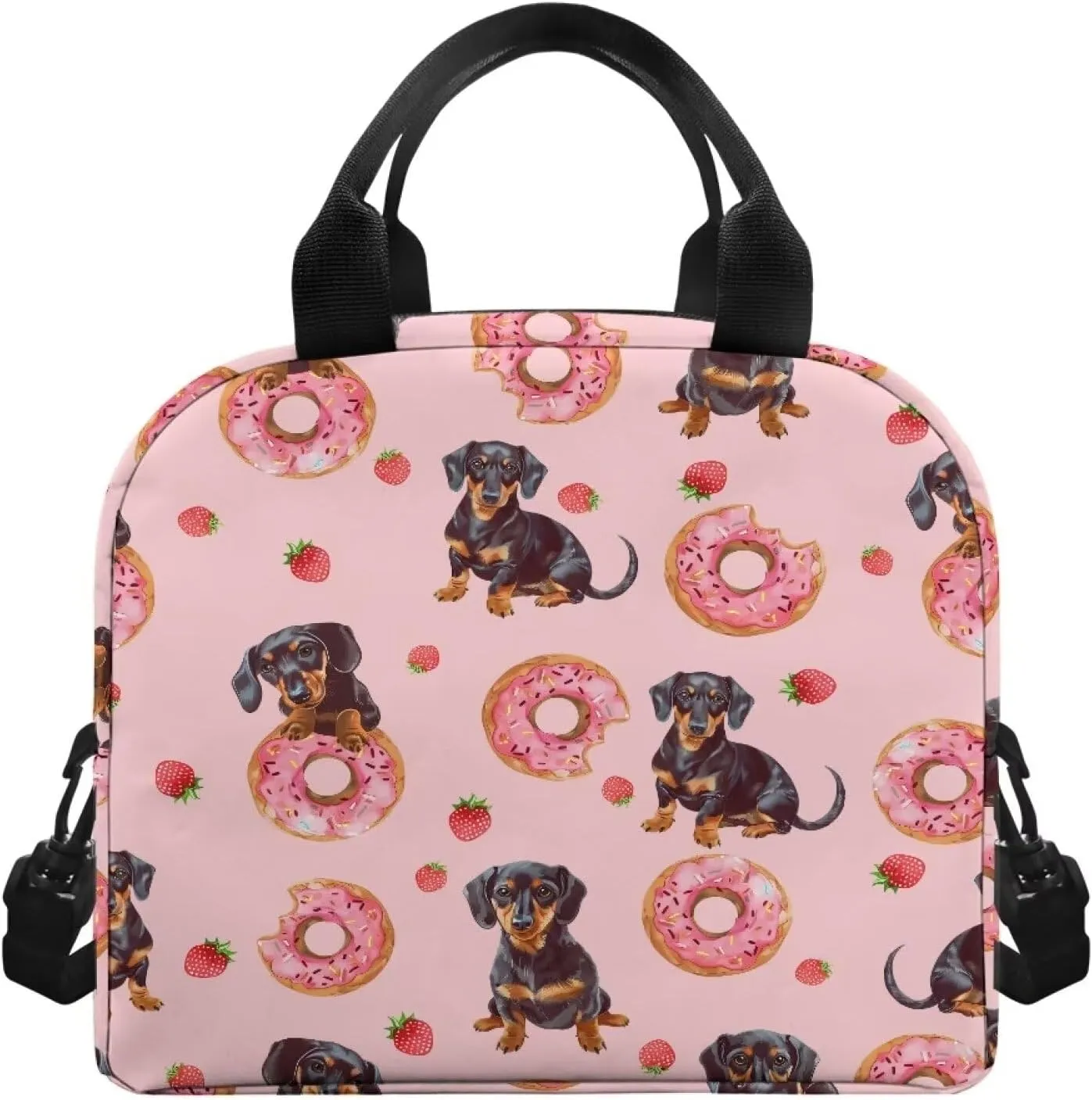 Pink Lunchbag Insulated Lunch Box Tote Bag Cute Donut Dachshund Dog Lunchbag Thermal Leak Proof Lunch Box Bag for Kids Girls