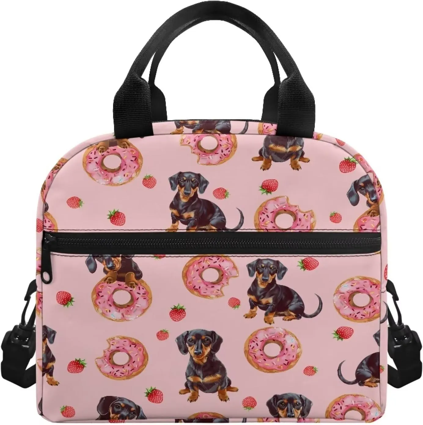 Pink Lunchbag Insulated Lunch Box Tote Bag Cute Donut Dachshund Dog Lunchbag Thermal Leak Proof Lunch Box Bag for Kids Girls