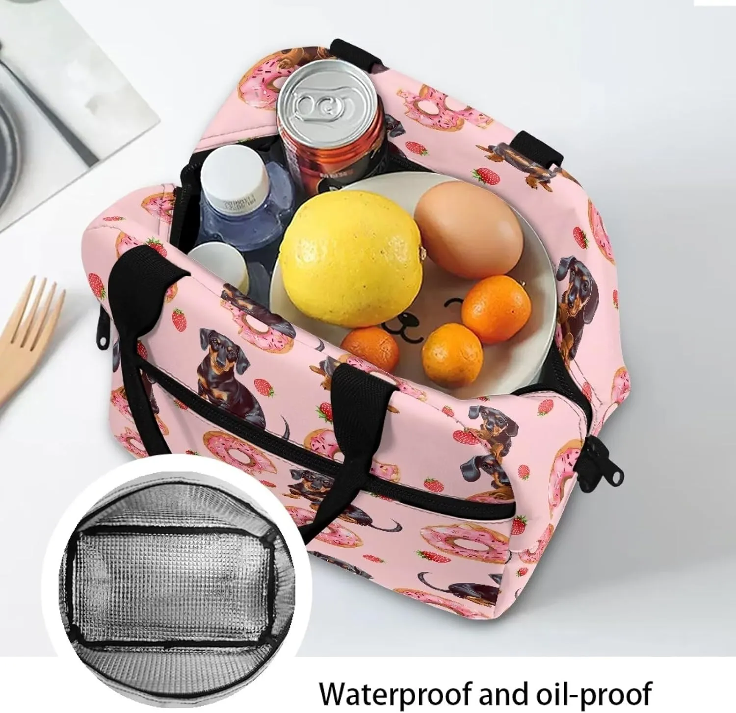 Pink Lunchbag Insulated Lunch Box Tote Bag Cute Donut Dachshund Dog Lunchbag Thermal Leak Proof Lunch Box Bag for Kids Girls