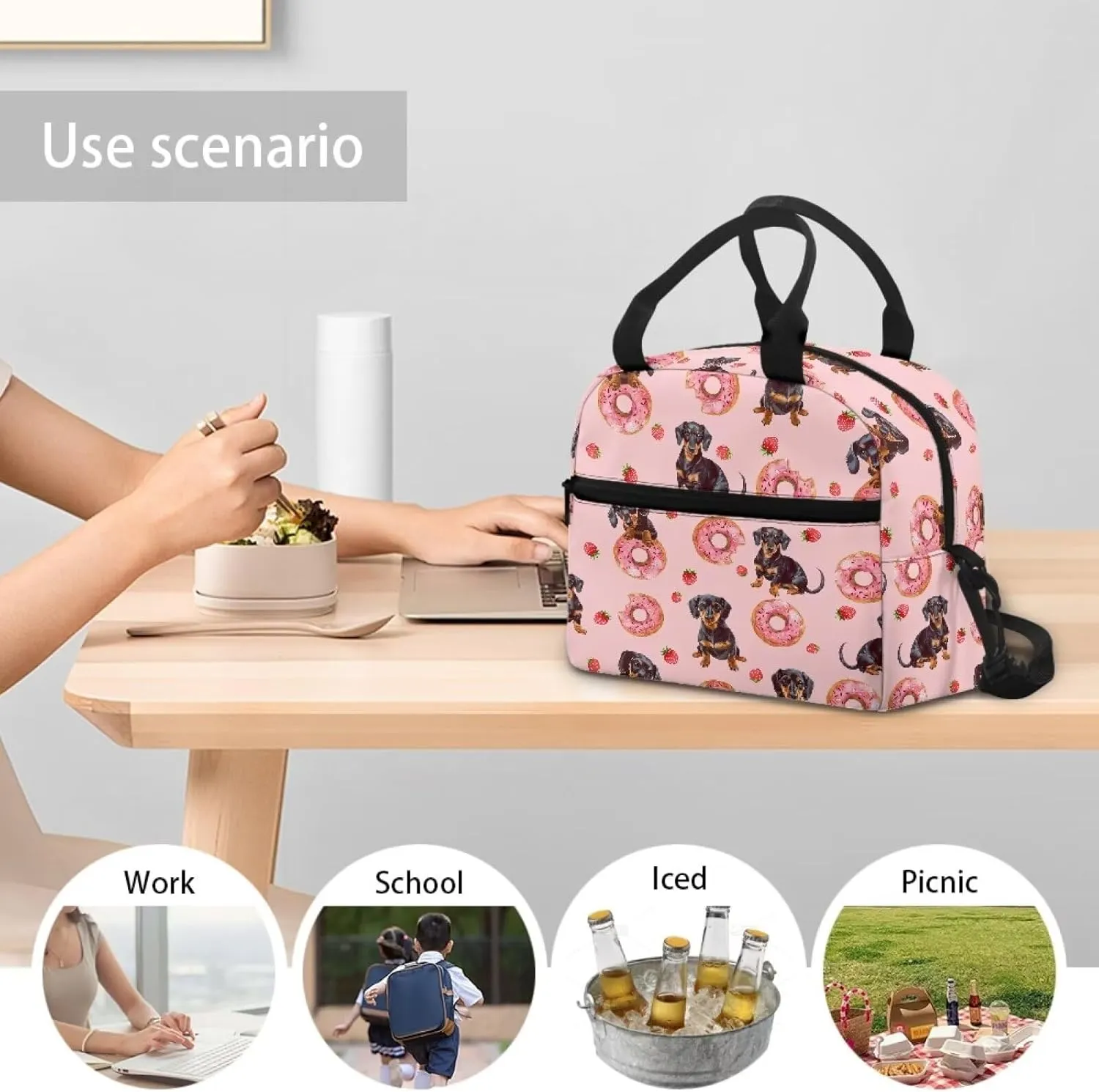 Pink Lunchbag Insulated Lunch Box Tote Bag Cute Donut Dachshund Dog Lunchbag Thermal Leak Proof Lunch Box Bag for Kids Girls