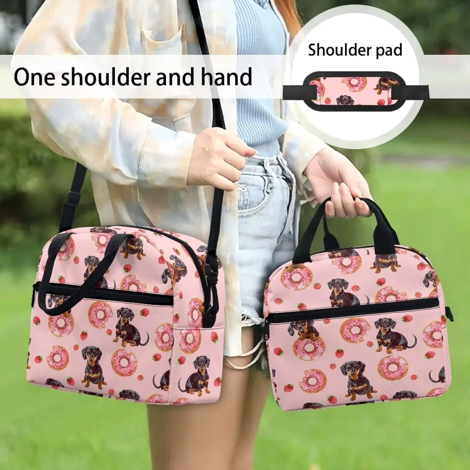 Pink Lunchbag Insulated Lunch Box Tote Bag Cute Donut Dachshund Dog Lunchbag Thermal Leak Proof Lunch Box Bag for Kids Girls