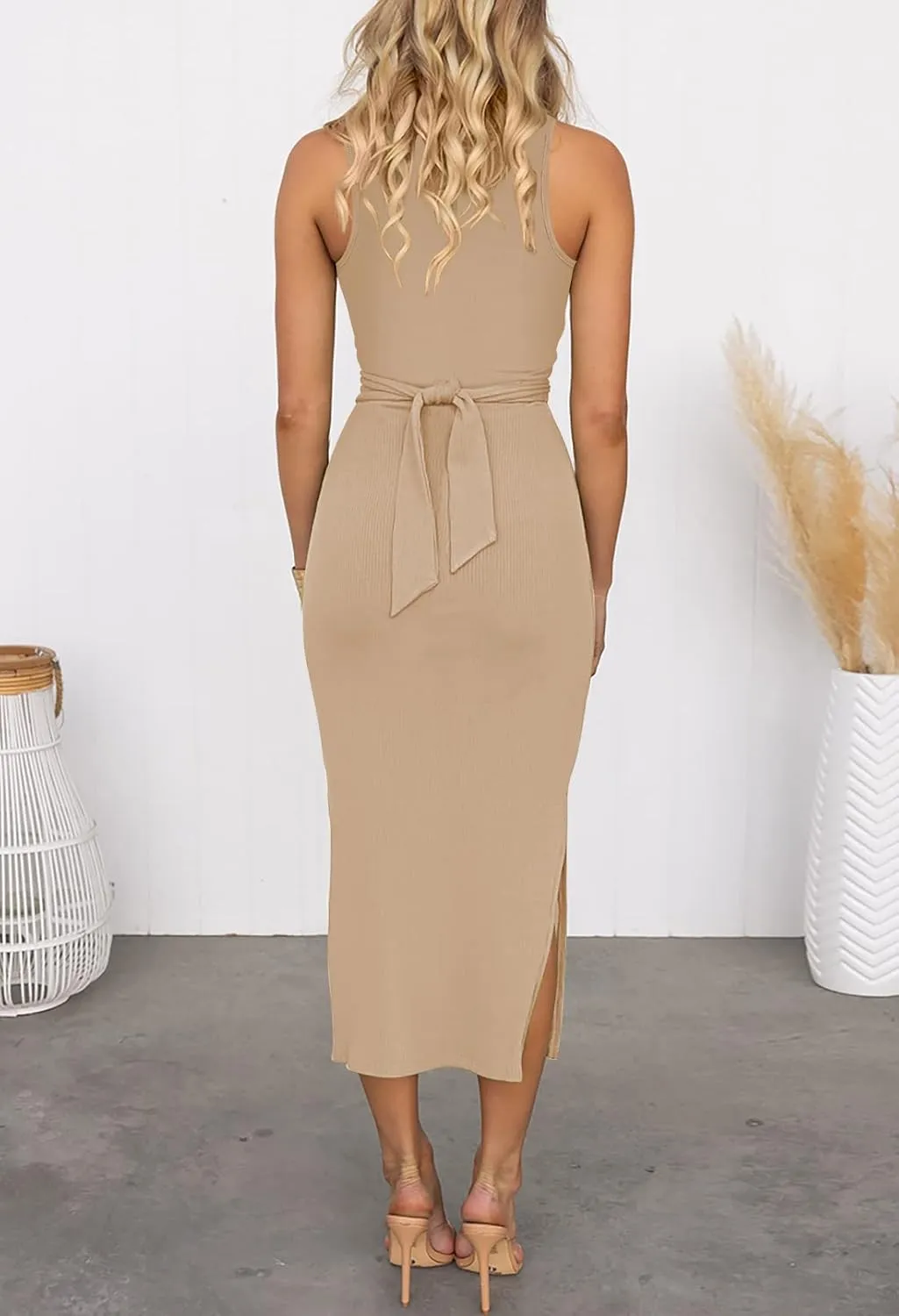 Pink Queen Women's Crew Neck Sleeveless Cutout Twist Ruched Slit Tie Back Ribbed Bodycon Midi Dress