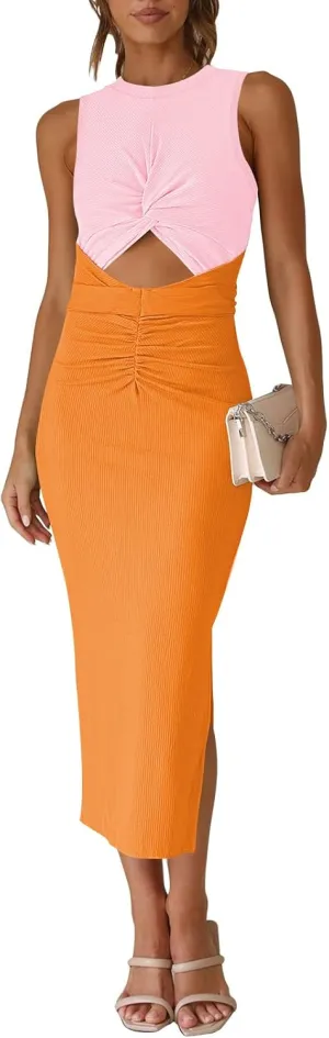 Pink Queen Women's Crew Neck Sleeveless Cutout Twist Ruched Slit Tie Back Ribbed Bodycon Midi Dress