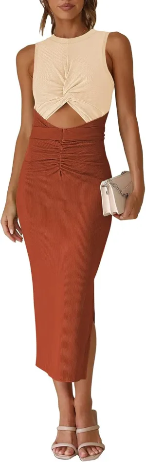 Pink Queen Women's Crew Neck Sleeveless Cutout Twist Ruched Slit Tie Back Ribbed Bodycon Midi Dress