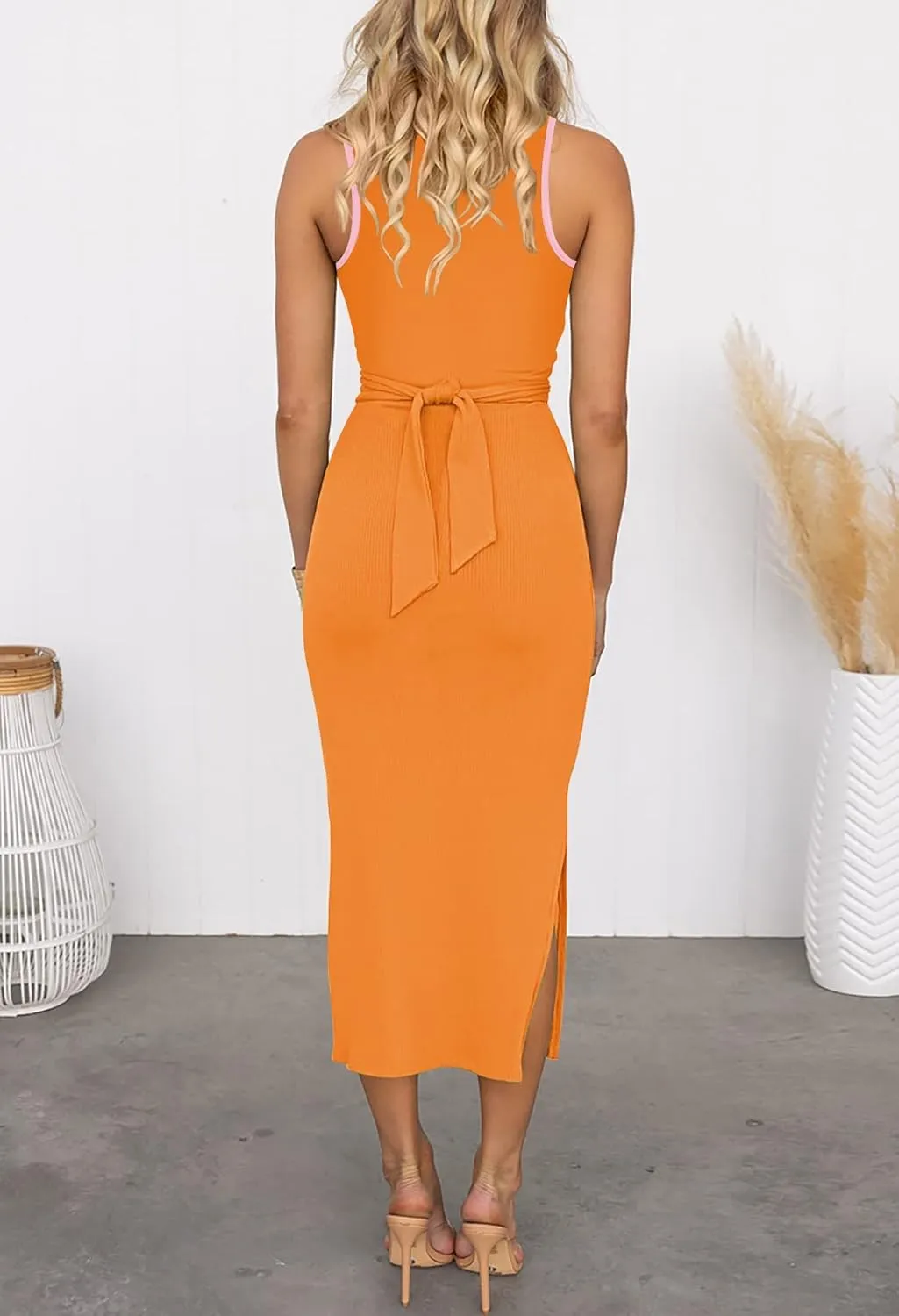 Pink Queen Women's Crew Neck Sleeveless Cutout Twist Ruched Slit Tie Back Ribbed Bodycon Midi Dress