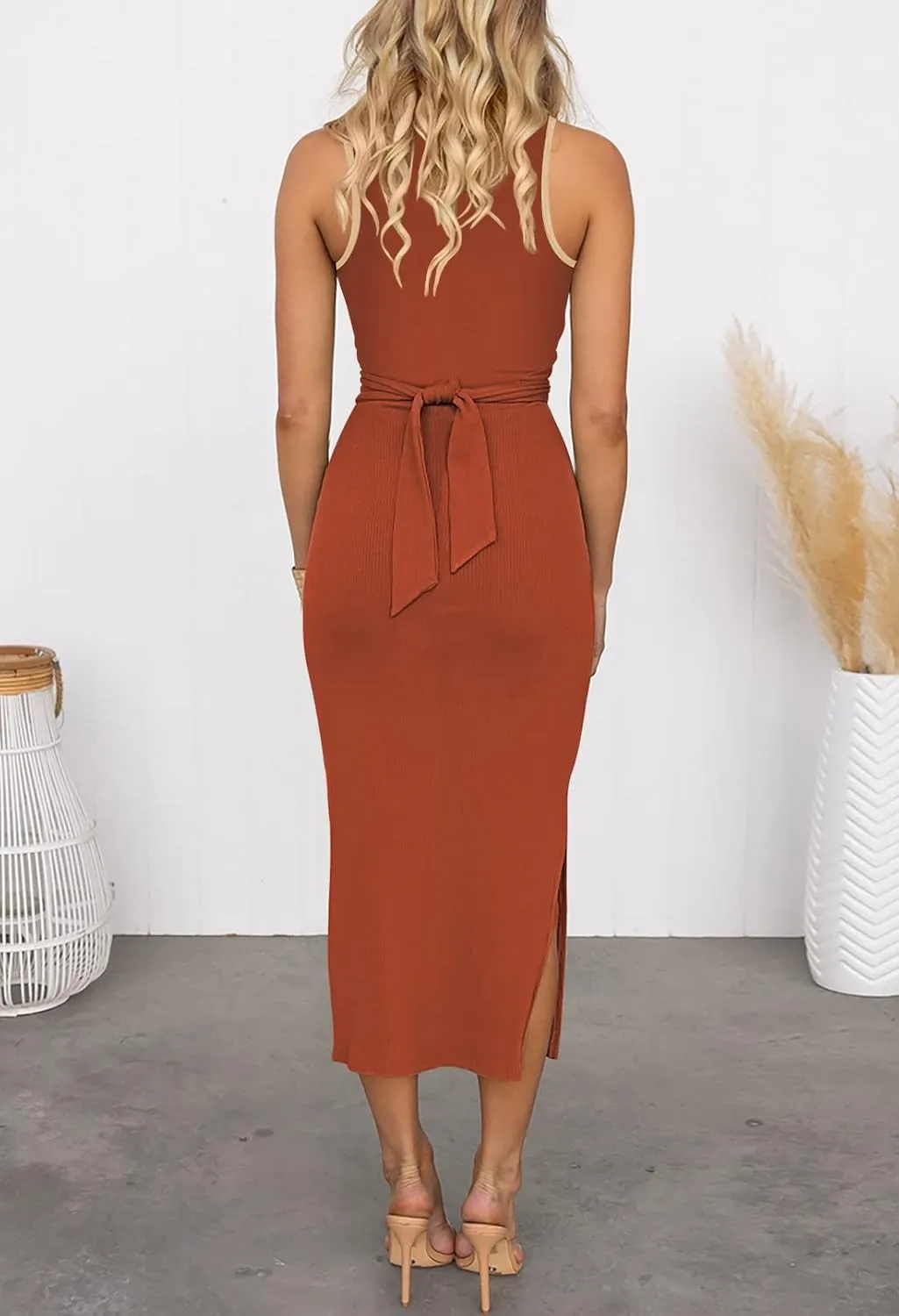 Pink Queen Women's Crew Neck Sleeveless Cutout Twist Ruched Slit Tie Back Ribbed Bodycon Midi Dress